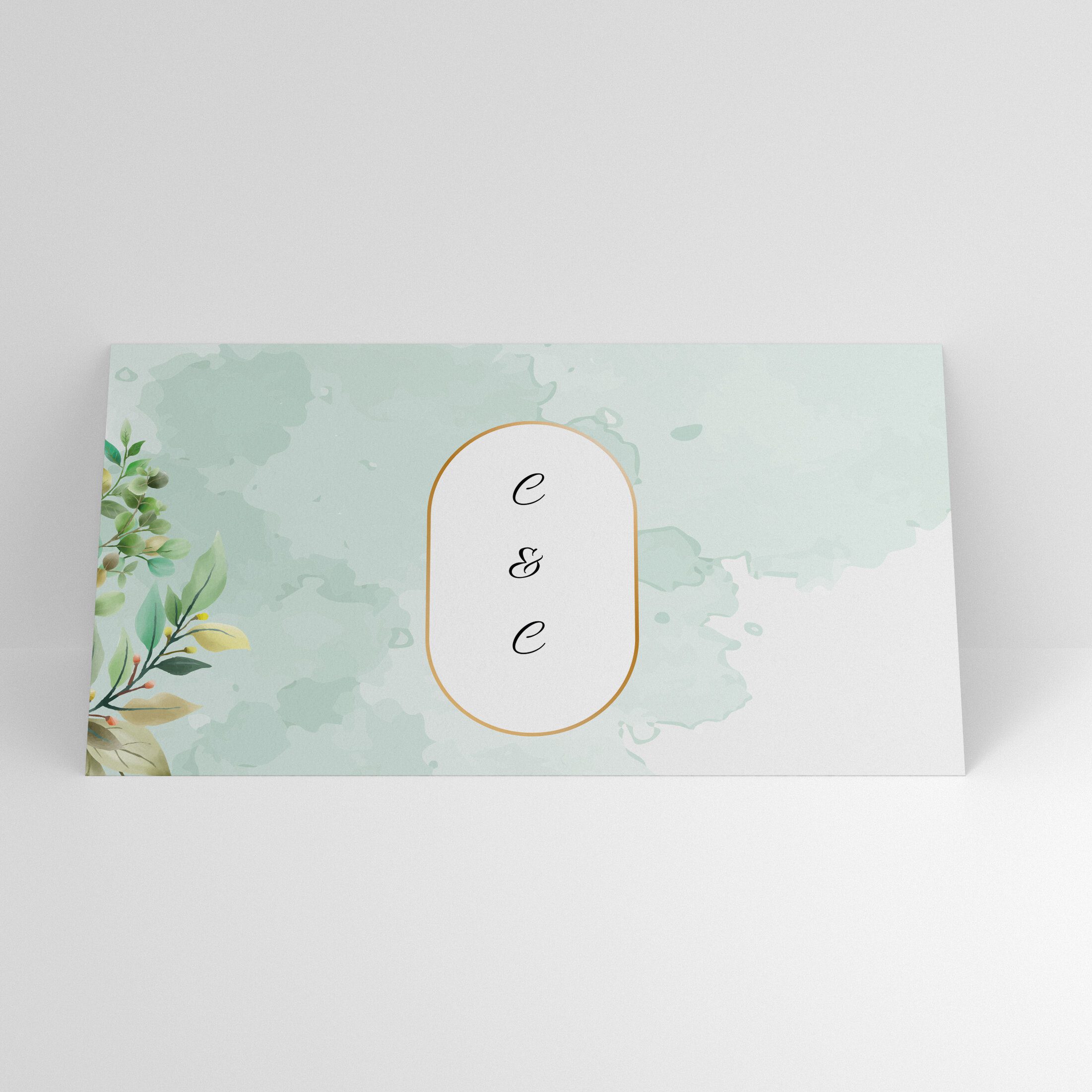Plic de bani nuntă cu design botanic verde și inițiale personalizate
