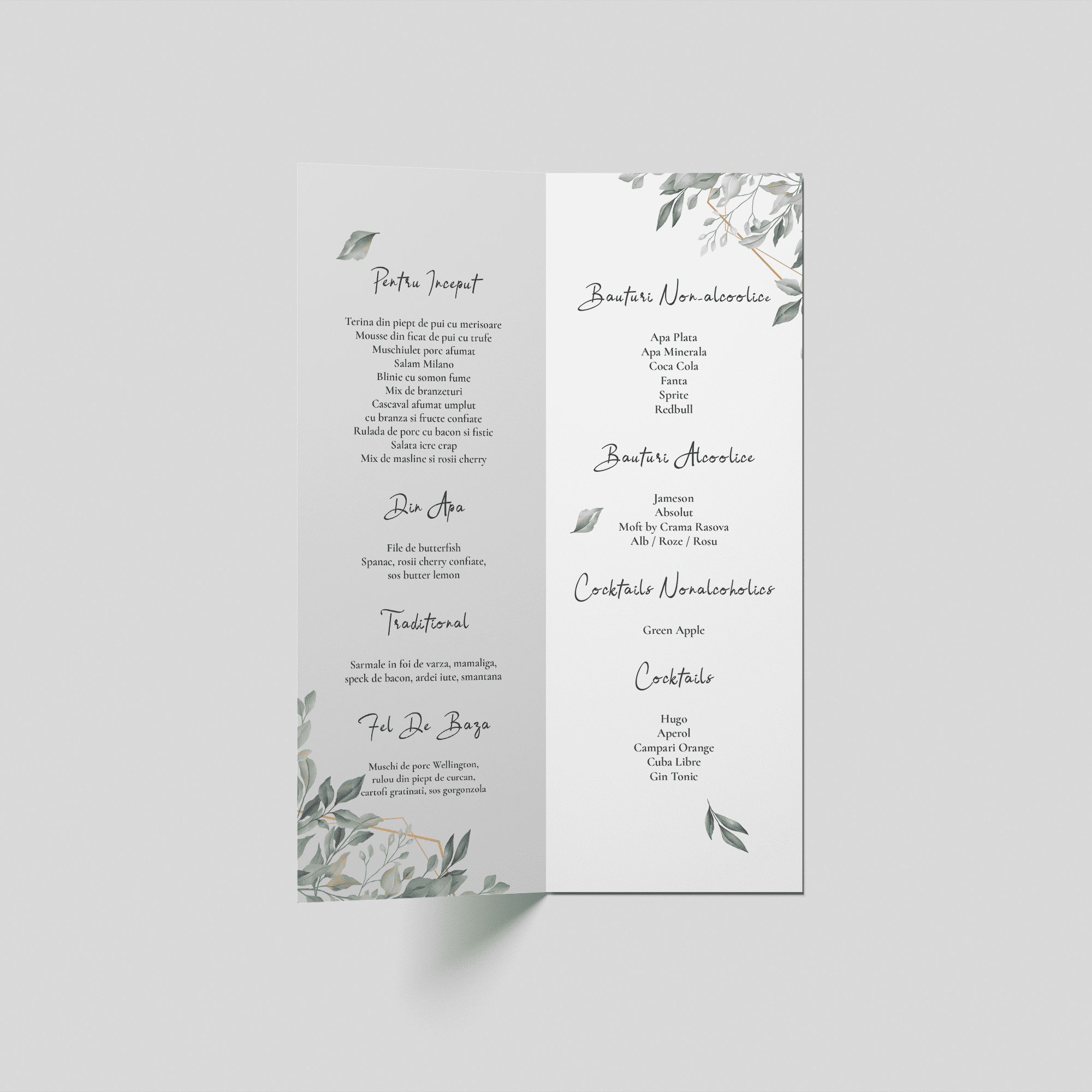 meniu nunta greenery wreath gold line bifold personalizat