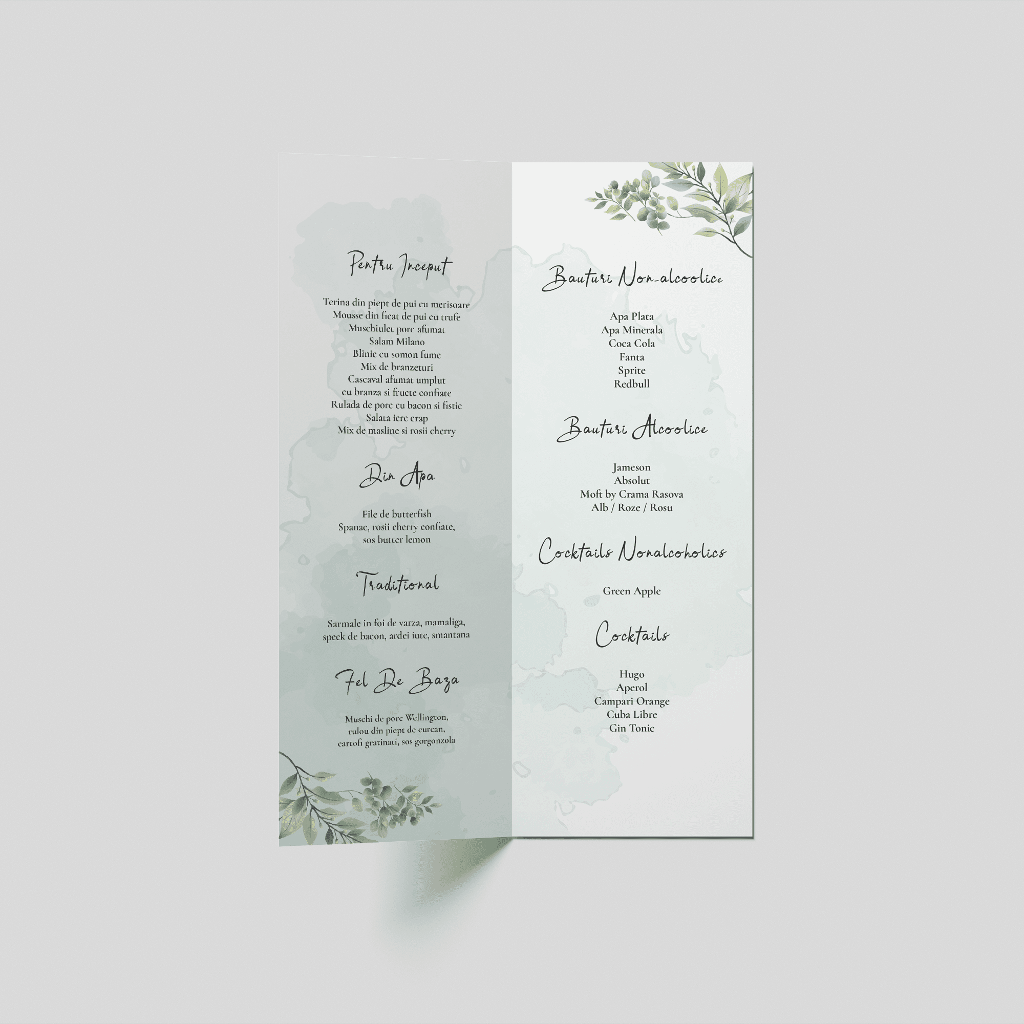 meniu nunta botanical verde personalizat