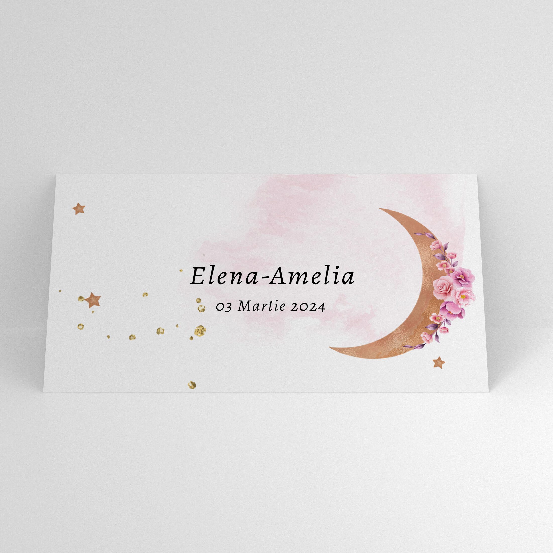 Plic de bani botez cu lună aurie, flori roz și design elegant