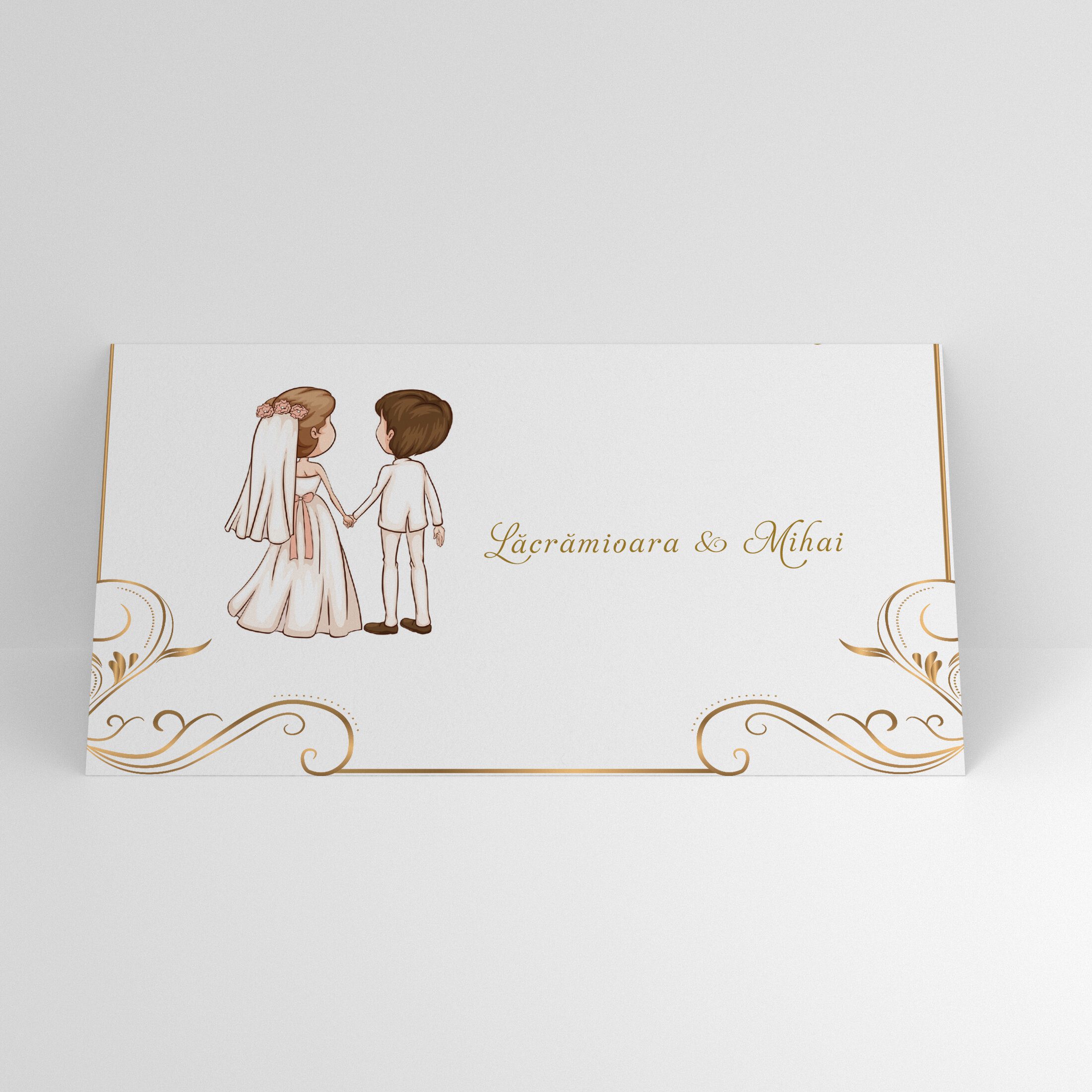 Plic de bani nunta alb cu ilustratie miri si decor auriu elegant