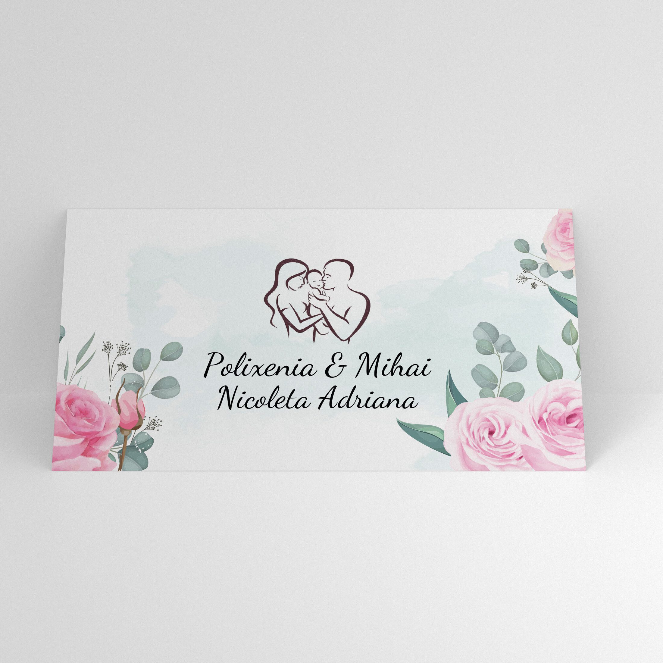 Plic de bani cu trandafiri roz și ilustrație familie, stil elegant pastel