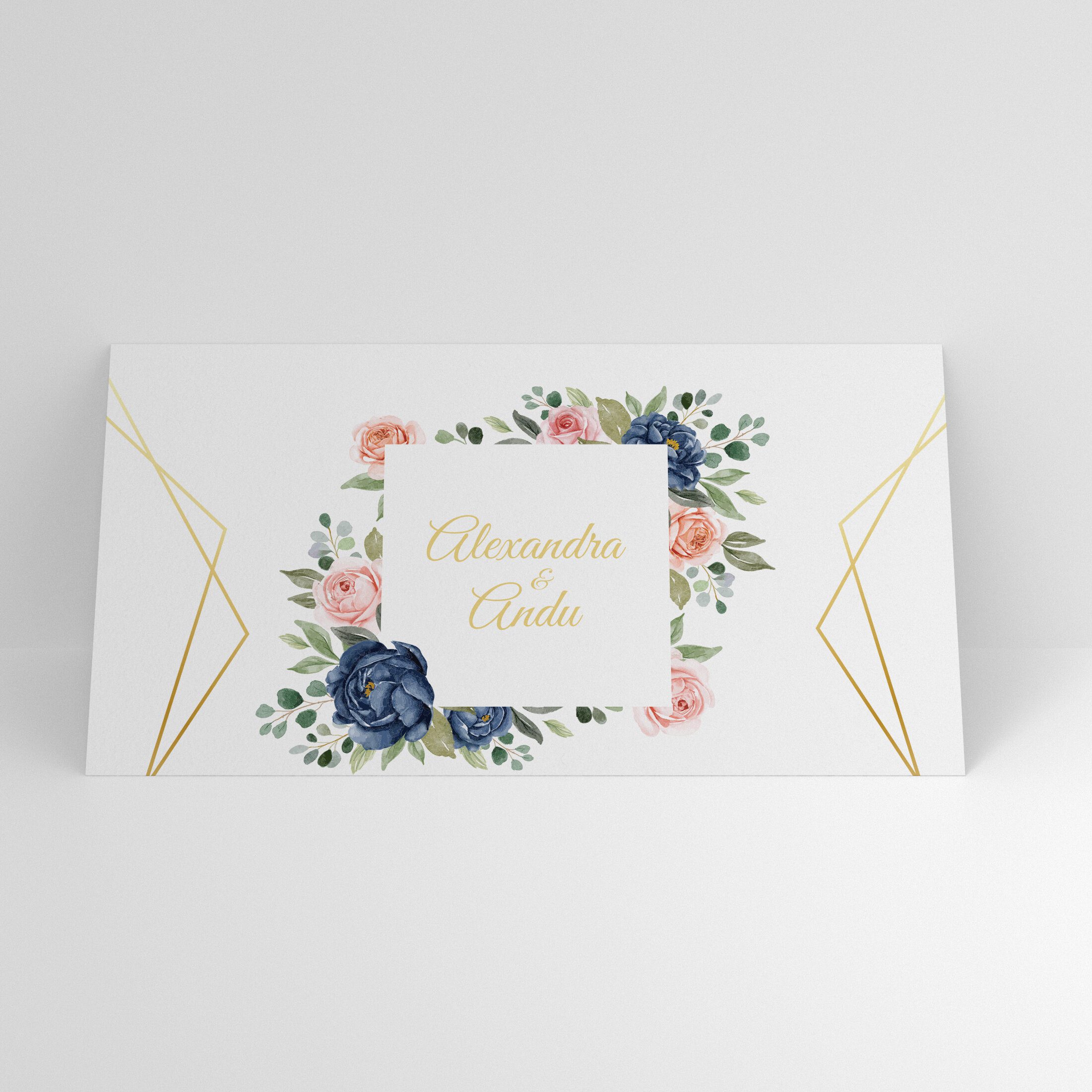 Plic de bani nuntă floral cu linii aurii 20x10 cm