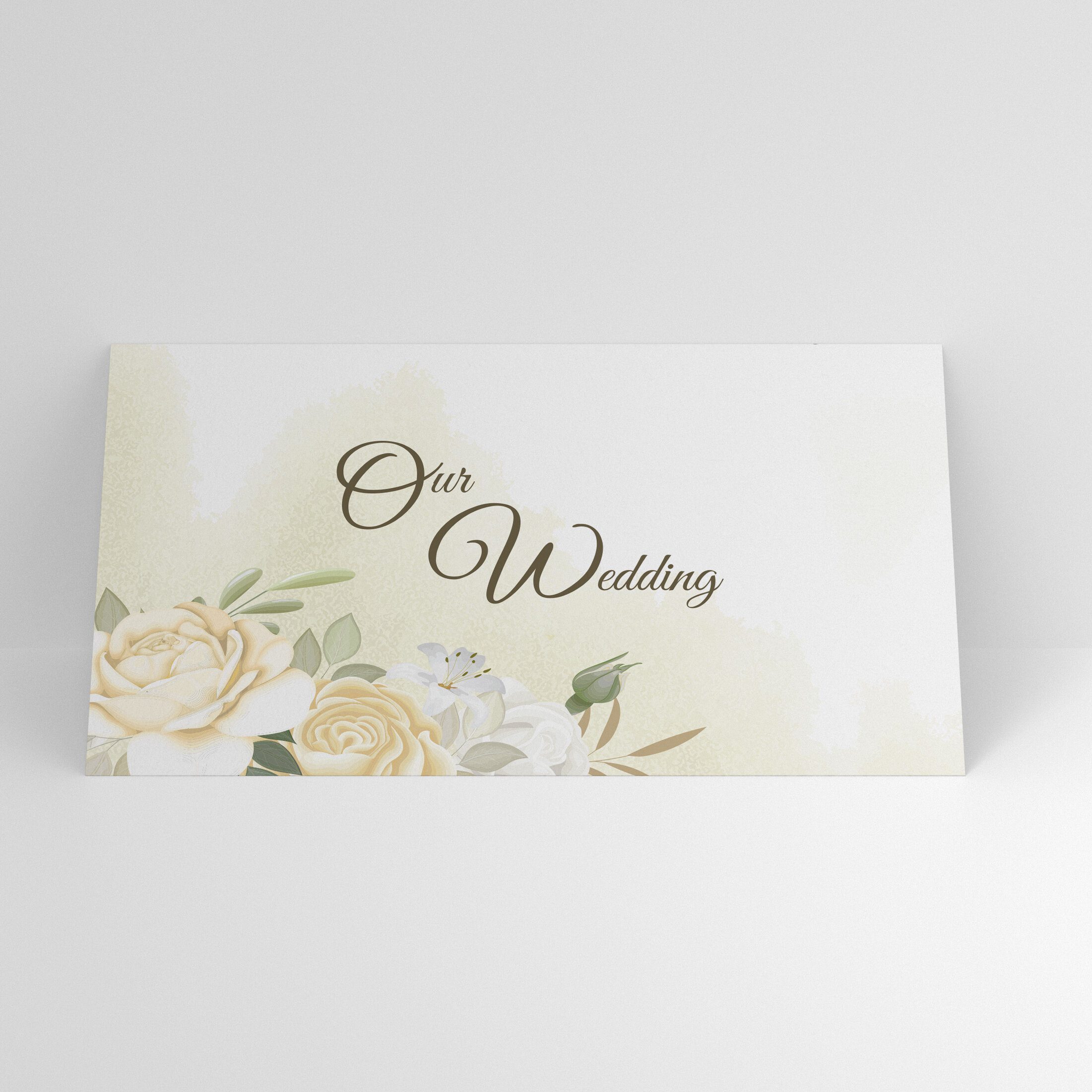 Plic de bani pentru nuntă „Our Wedding”, model floral bej, format 20x10 cm, cu clapetă lipită