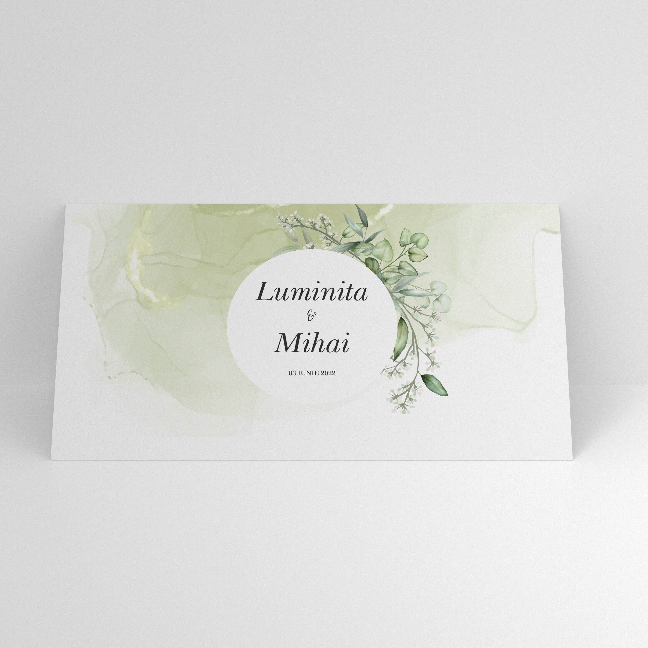 Plic de bani elegant cu design botanic verde, personalizat pentru nuntă