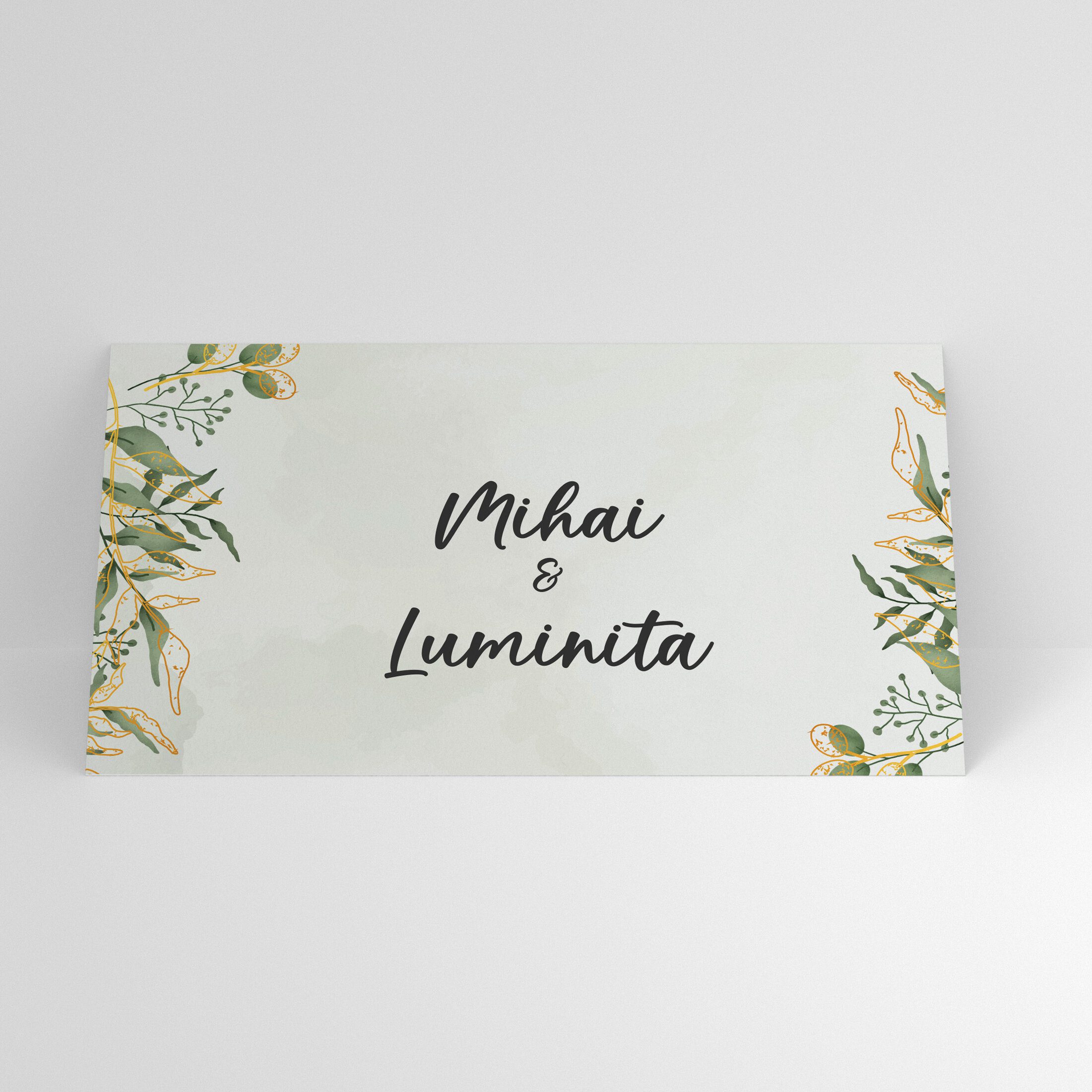 Plic de bani botanic verde cu accente aurii pentru nuntă