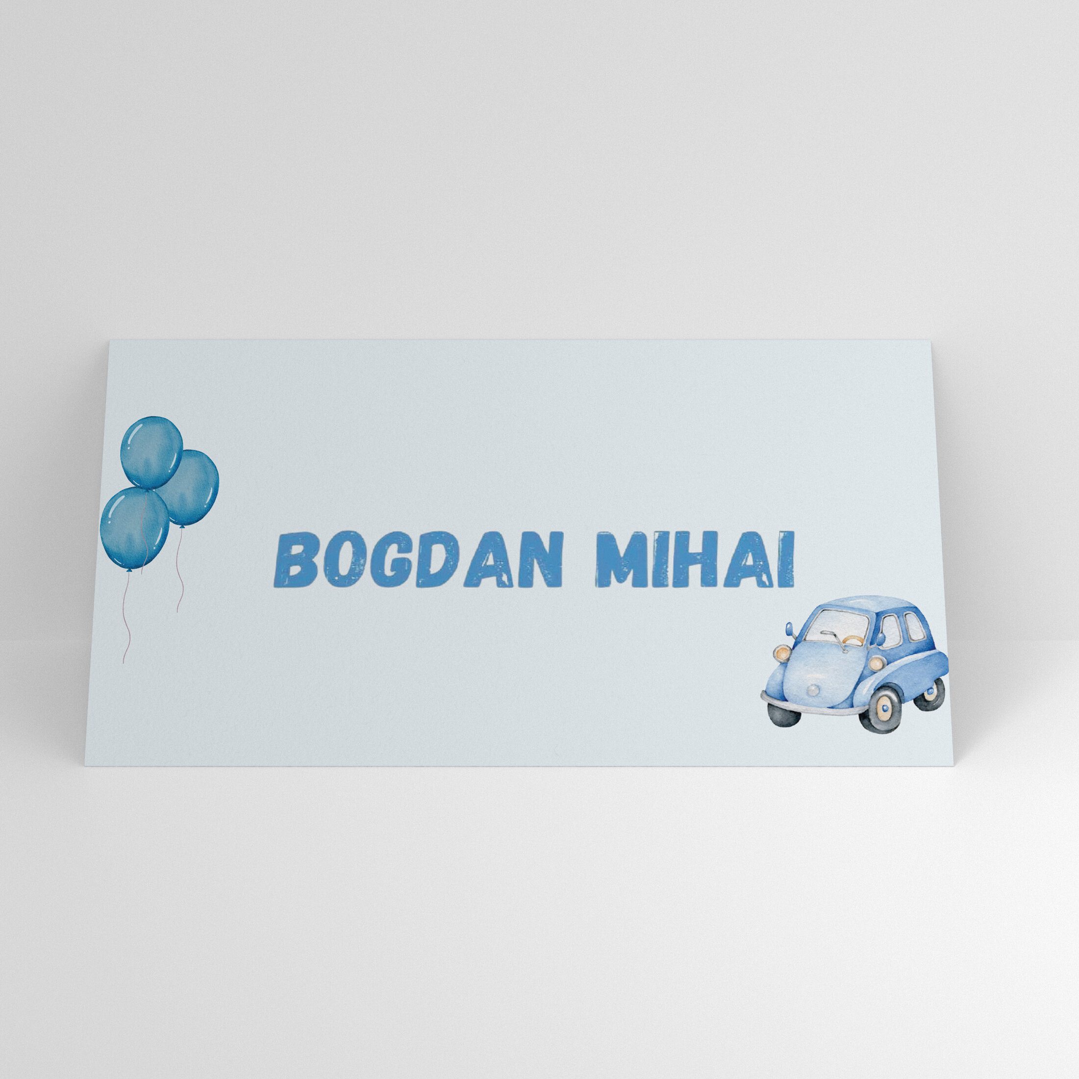 Plic de bani botez băiat cu fundal bleu, baloane albastre și mașinuță