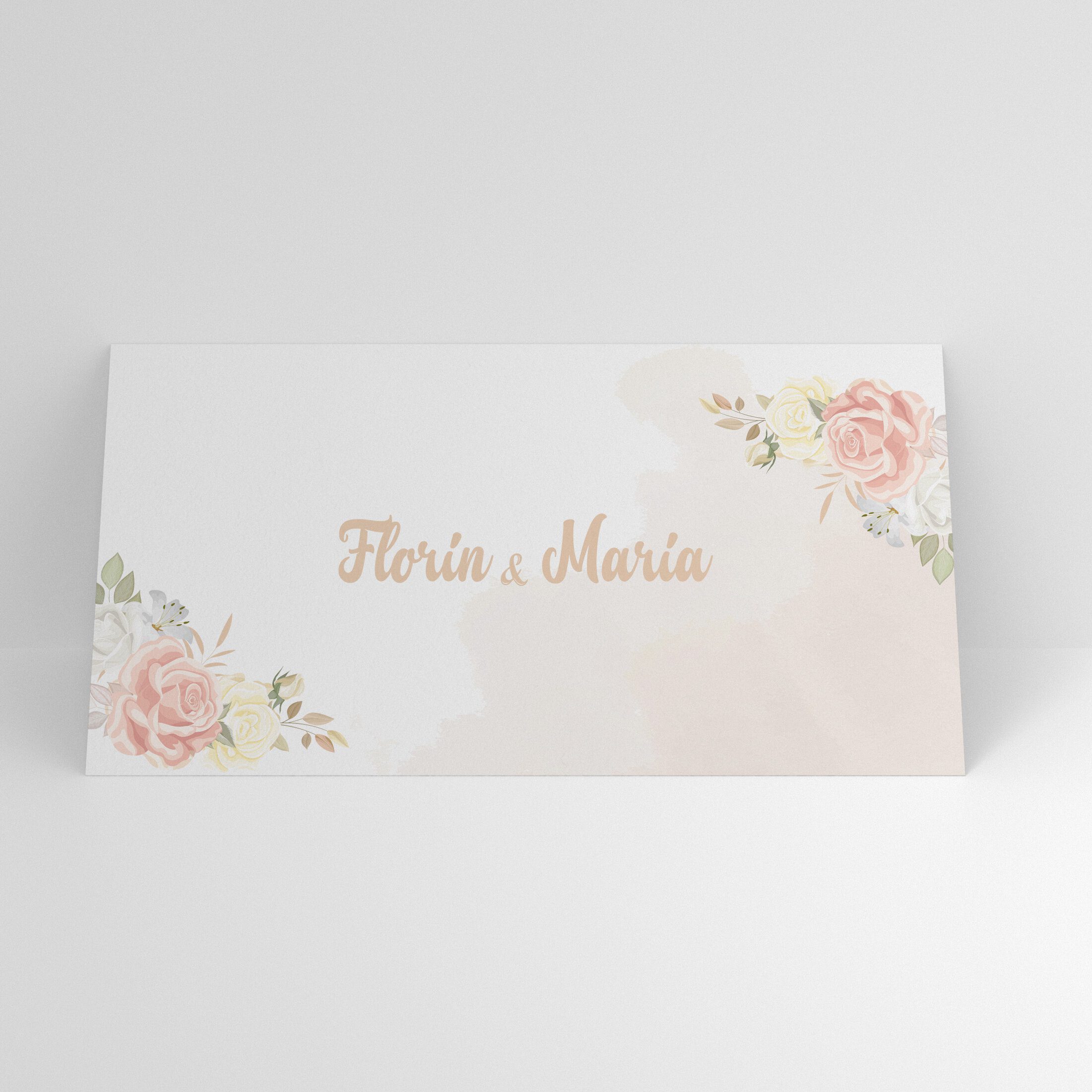 Plic de bani nuntă floral pastel cu nume personalizate, format 20x10 cm