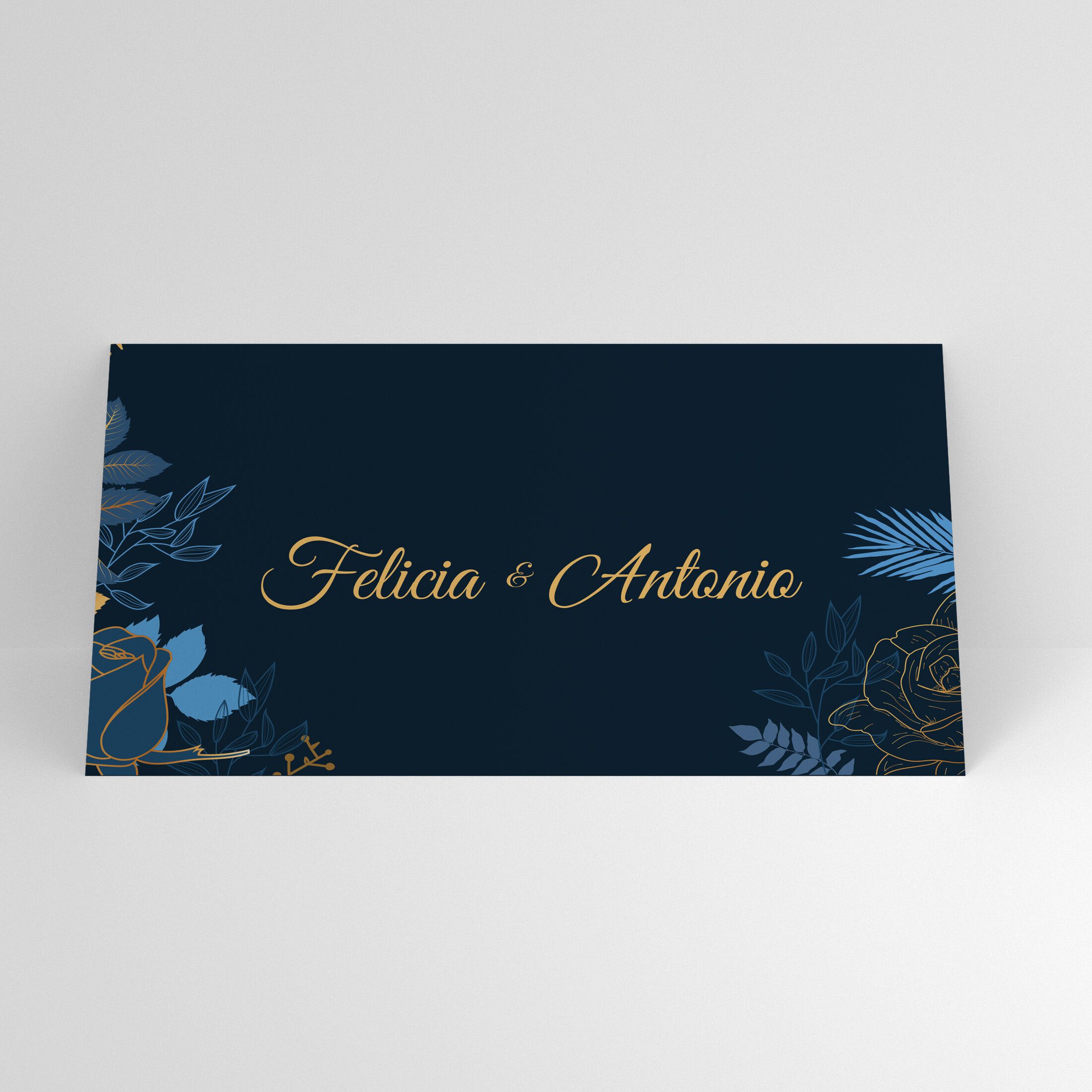Plic pentru bani elegant, albastru închis cu accente aurii, personalizat pentru nuntă