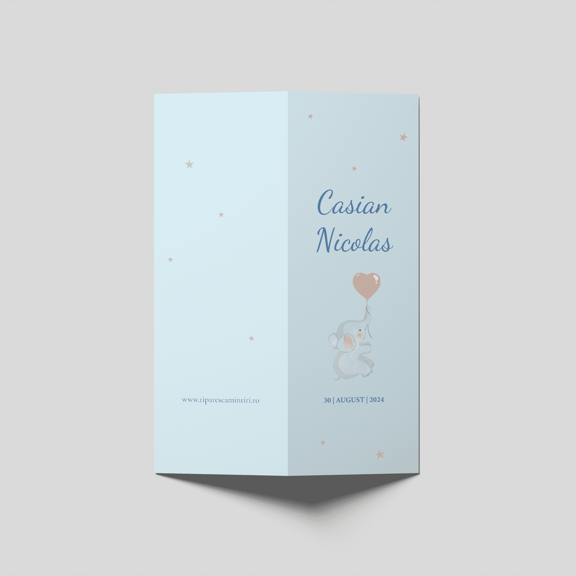 Invitație botez cu elefănțel și balon, format pliat, design pastel