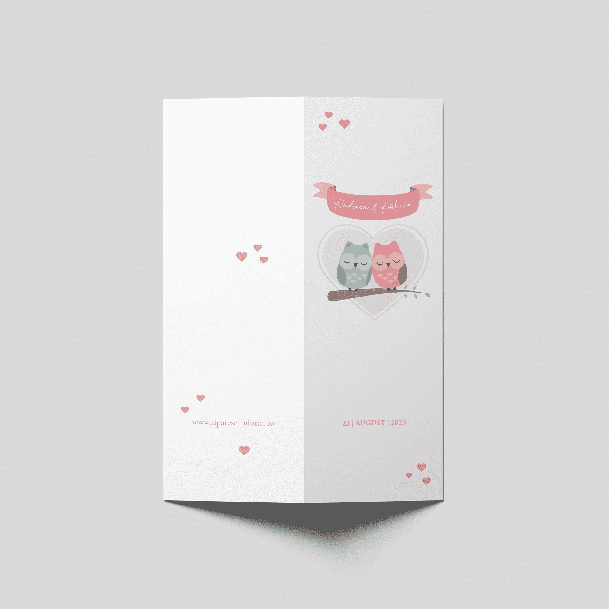 Invitație nuntă cu două bufnițe, design romantic, format pliat
