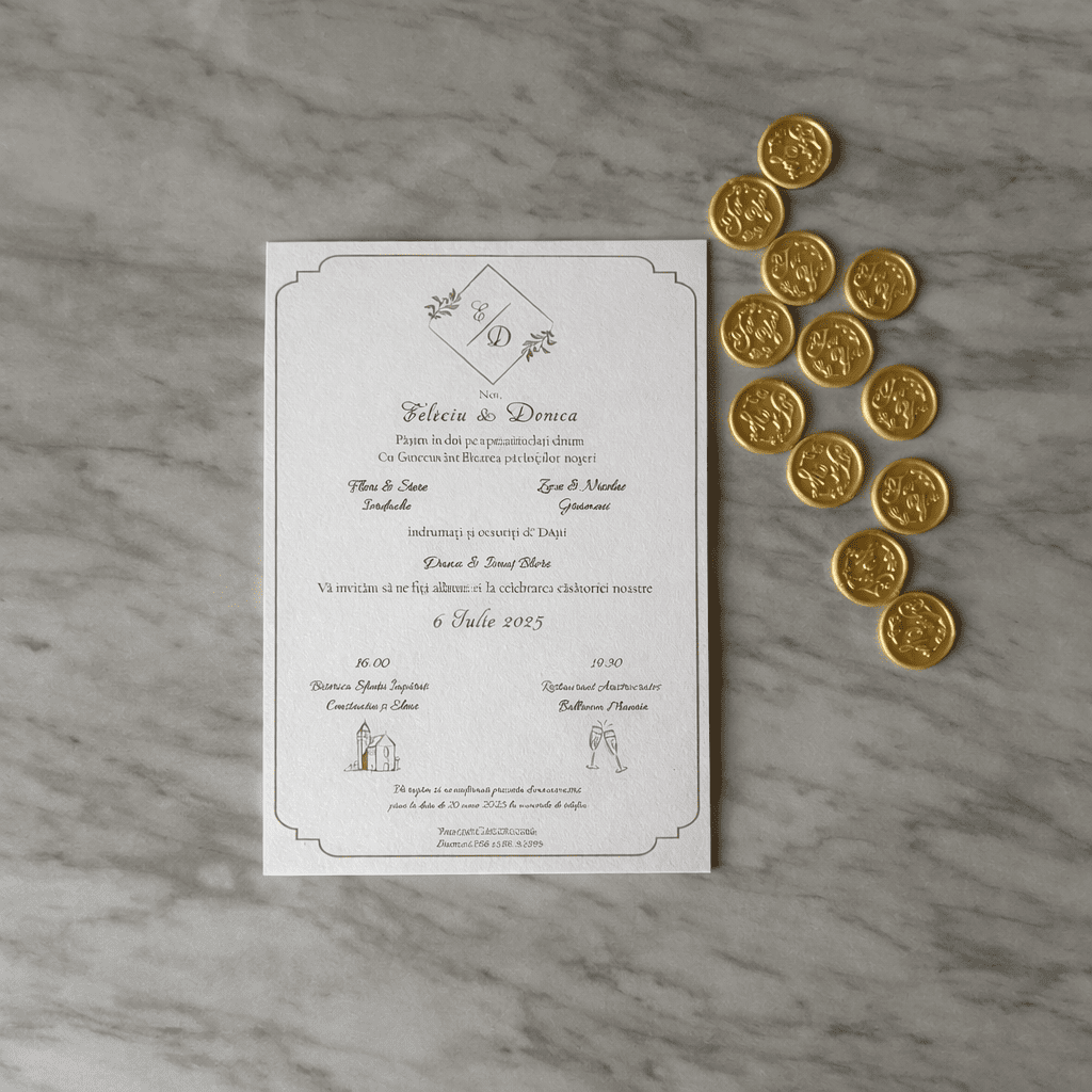 Invitație nuntă ivory cu inițiale aurii poziționate central
