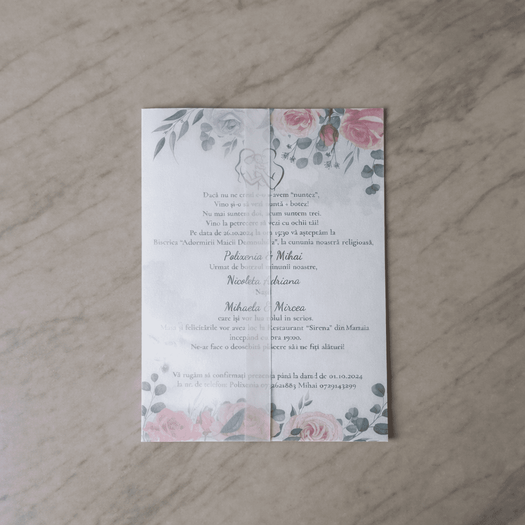 Invitație nuntă florală cu vellum și sigiliu de ceară inimă