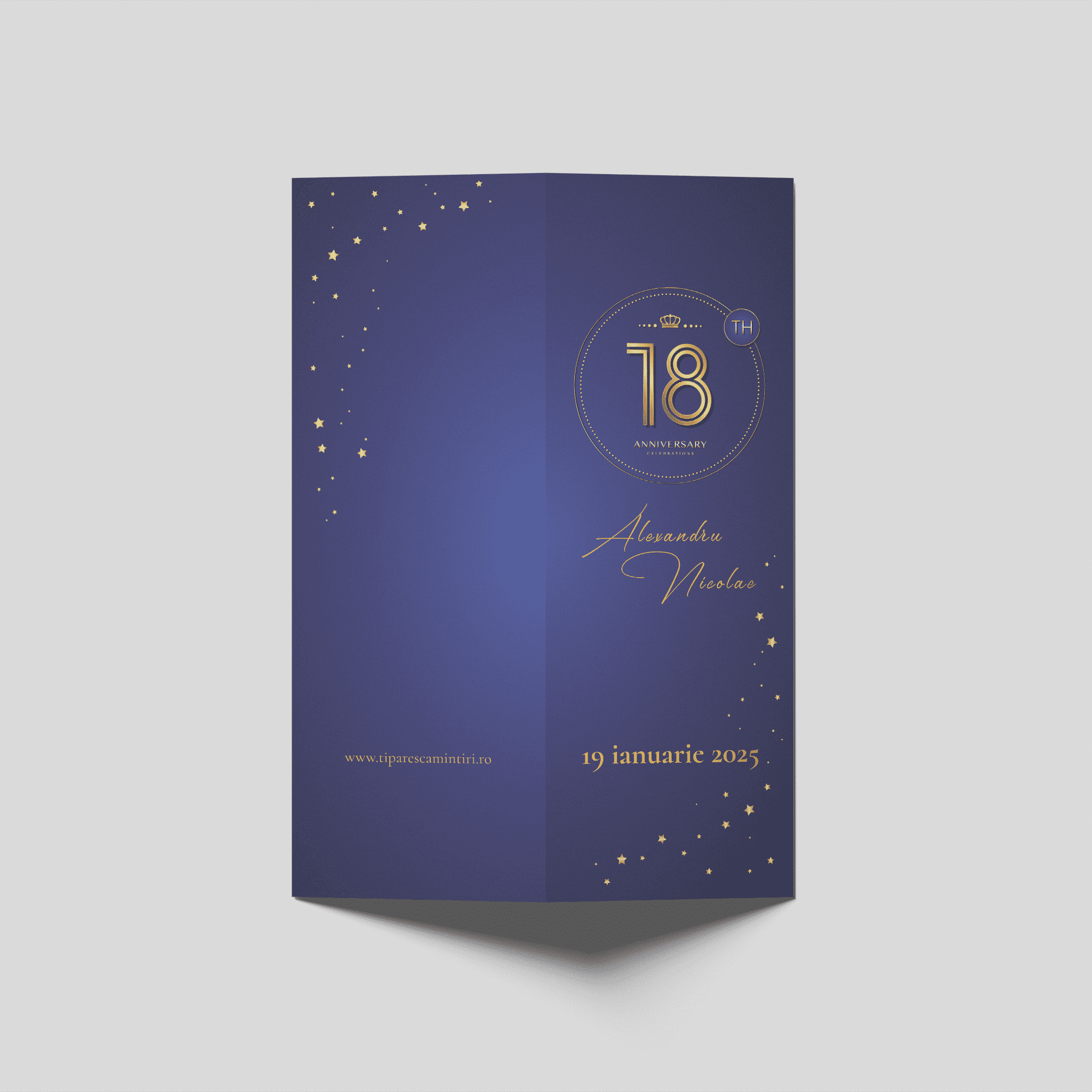 meniu majorat 18 ani stele aurii fundal albastru regal personalizat