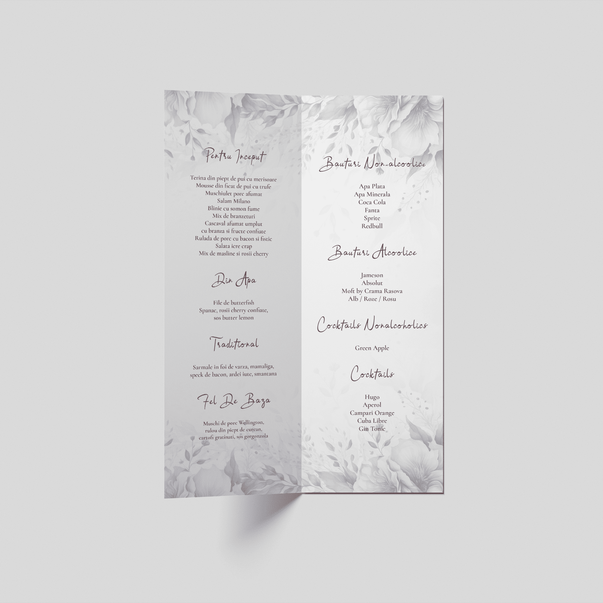 meniu botez poza de familie cu design floral pastel personalizat