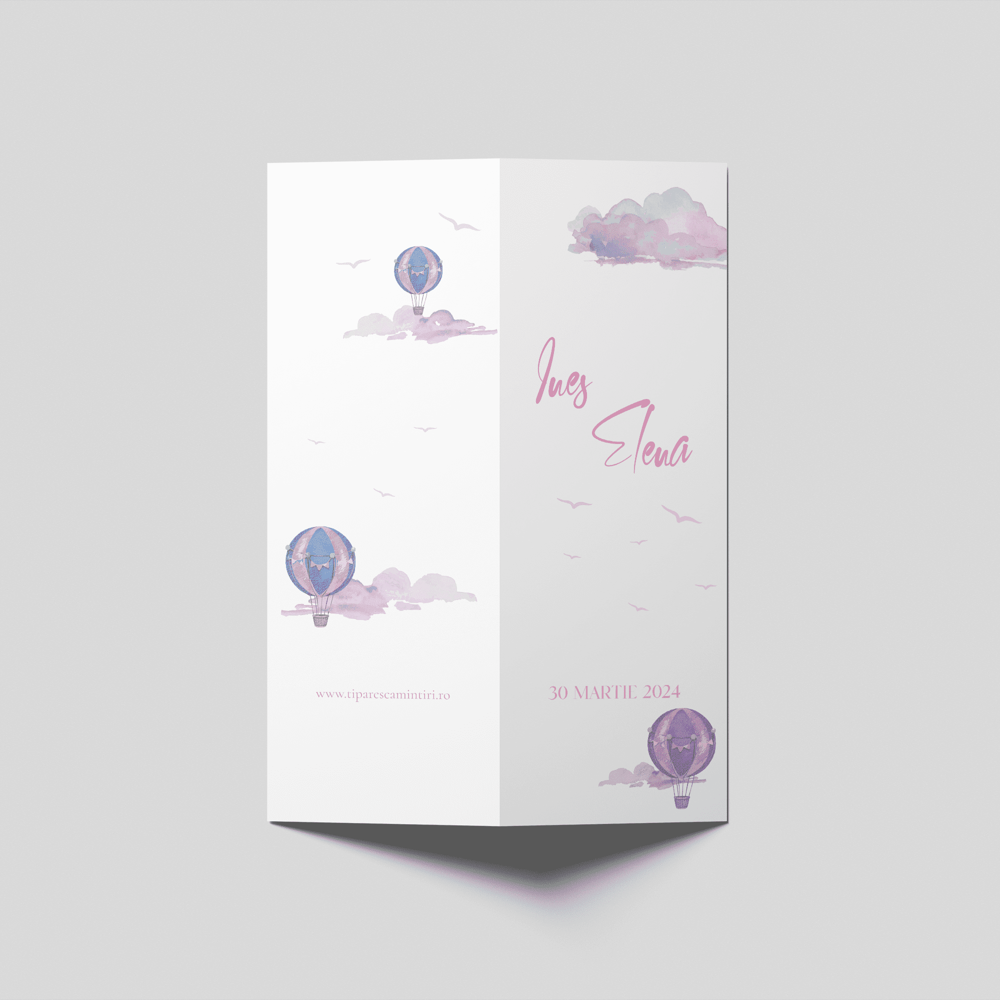 meniu botez balon aer cald pastel watercolor