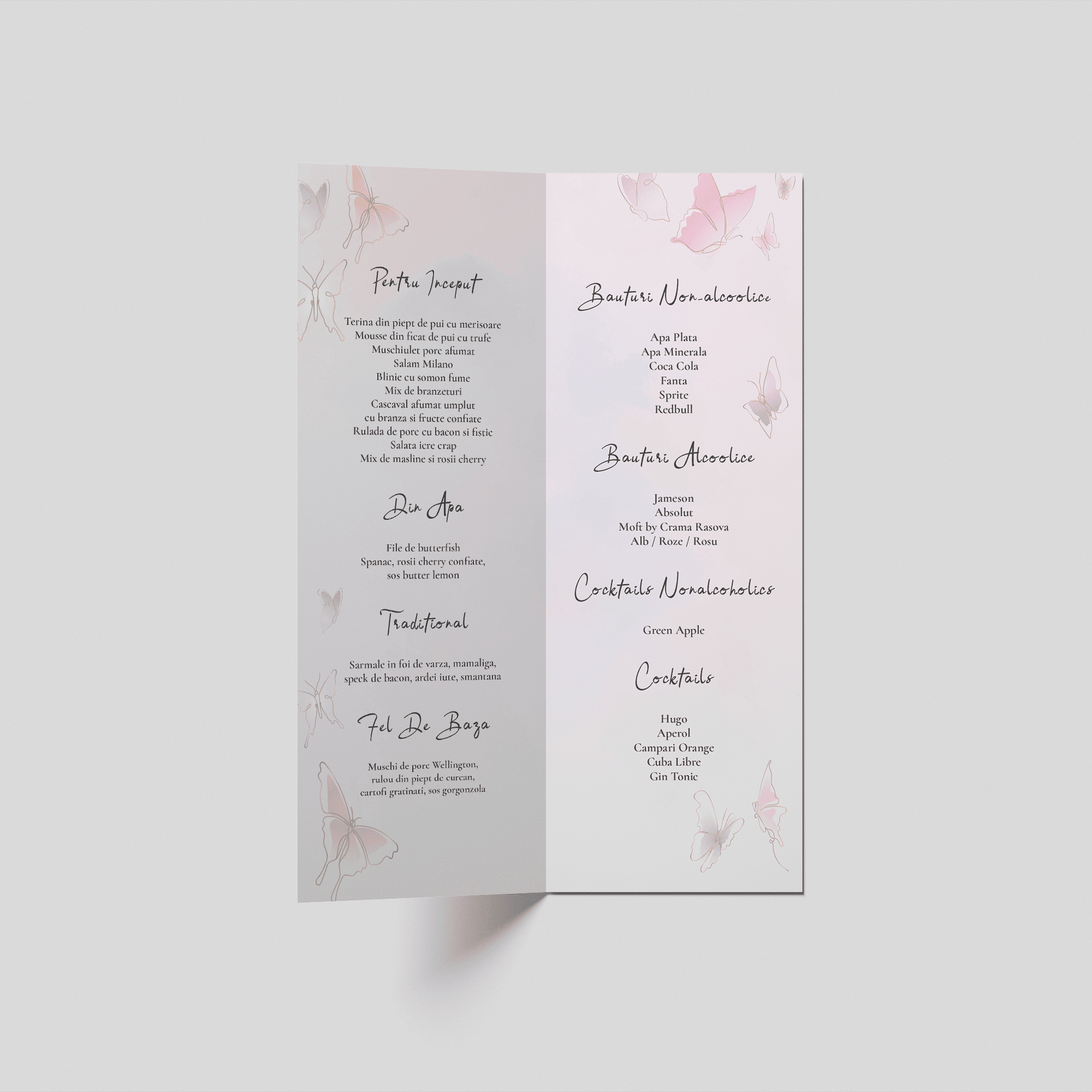 meniu botez fluturi roz pastel personalizat elegant