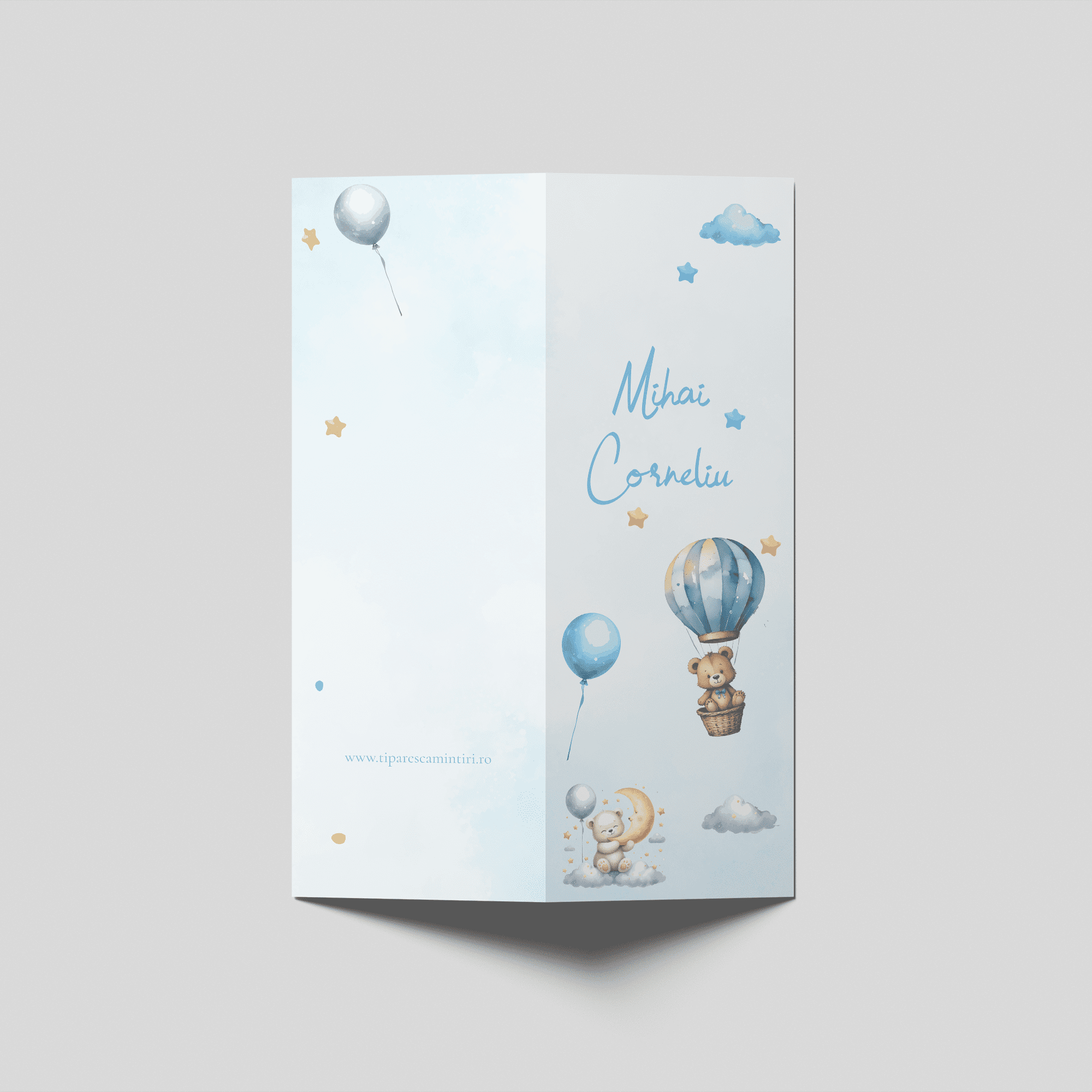 meniu botez baietel personalizat cu ursulet si baloane bleu
