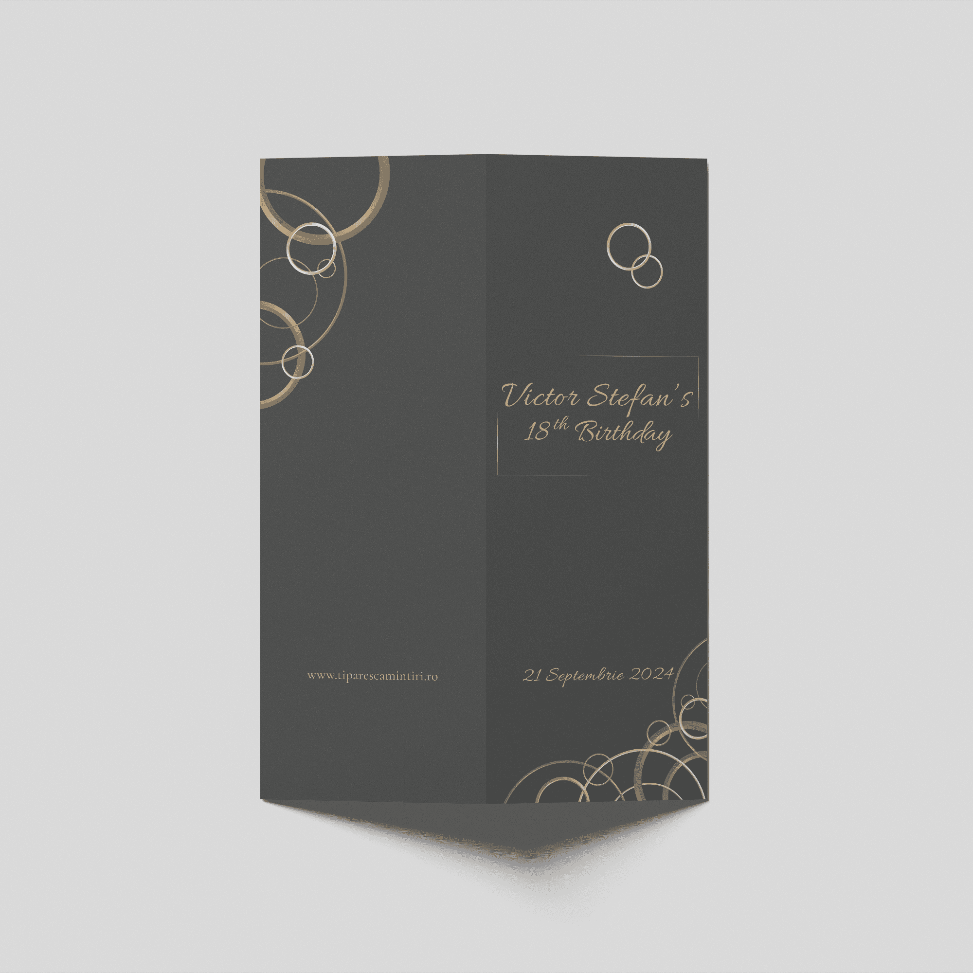 meniu aniversar elegant cercuri aurii fundal grafit personalizat