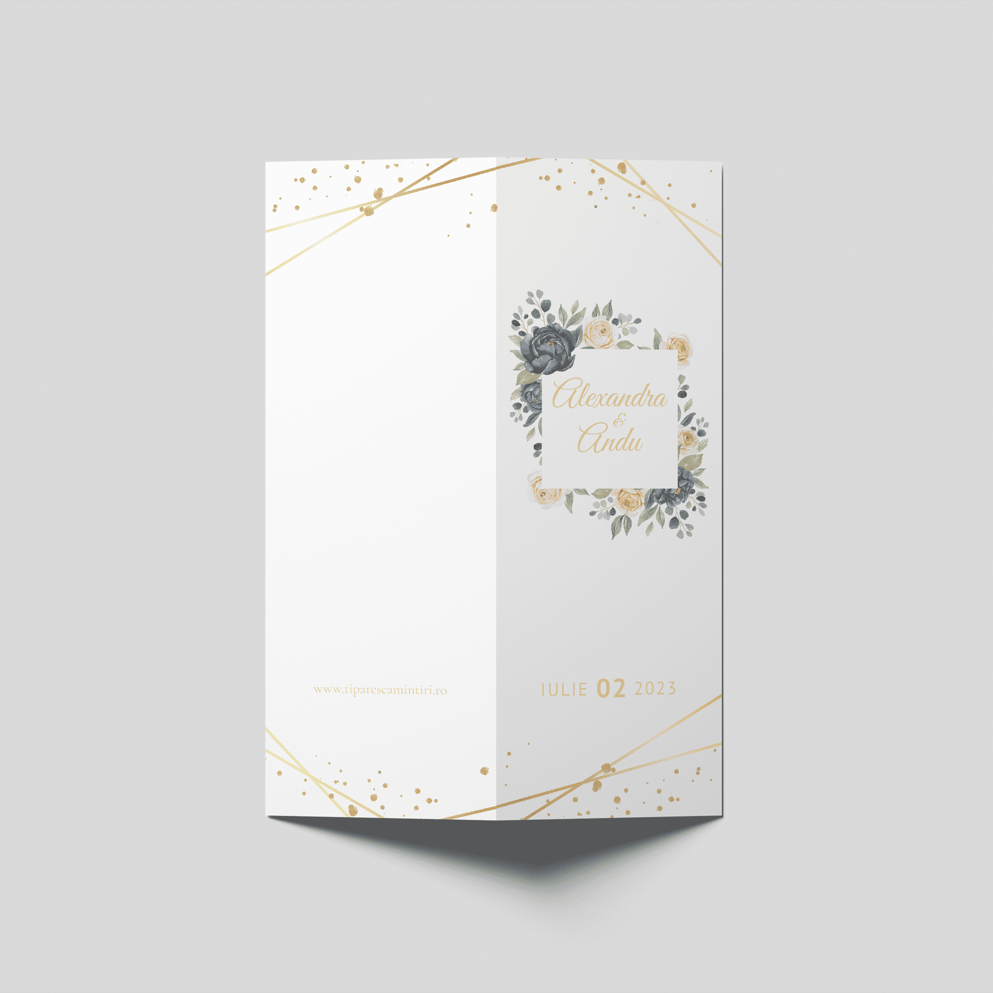 meniu nunta blue roses gold lines bifold personalizat