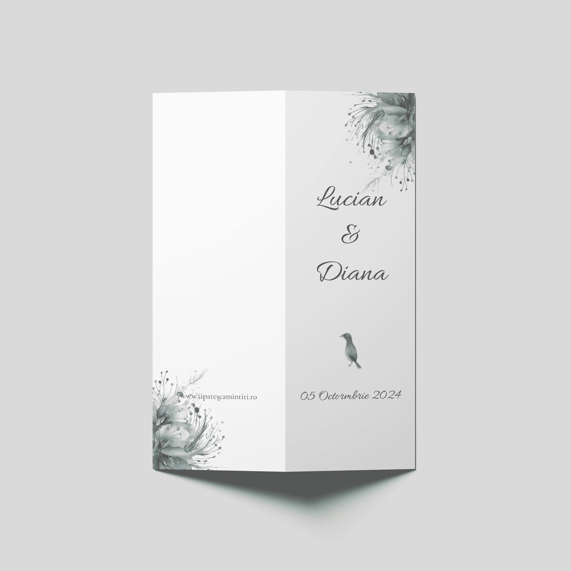 meniu nunta blue whisper floral birds bifold personalizat