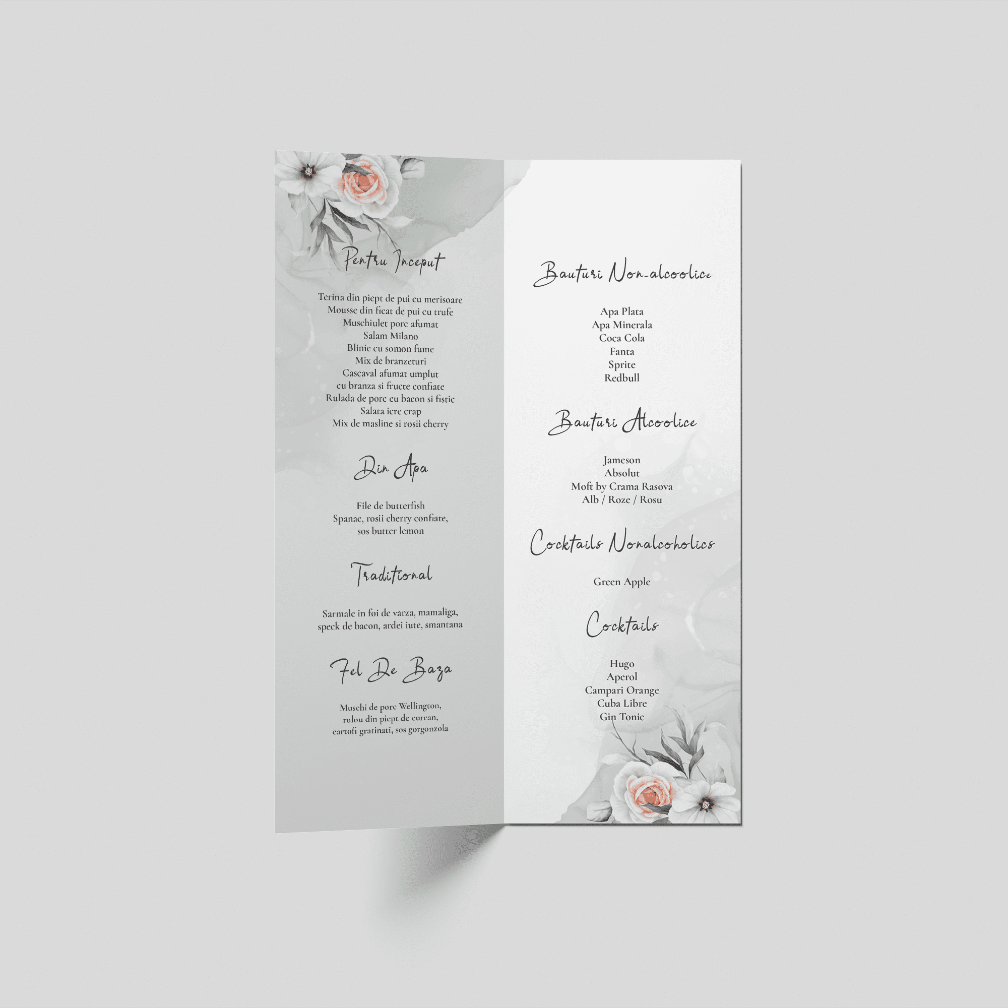 meniu nunta floral verde pastel trandafiri elegant personalizat