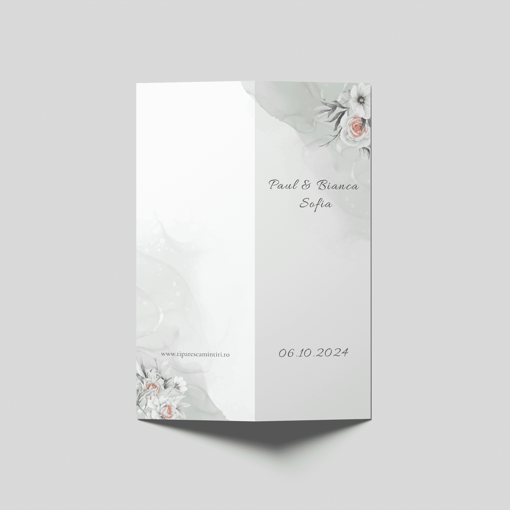 meniu nunta floral verde pastel trandafiri elegant personalizat