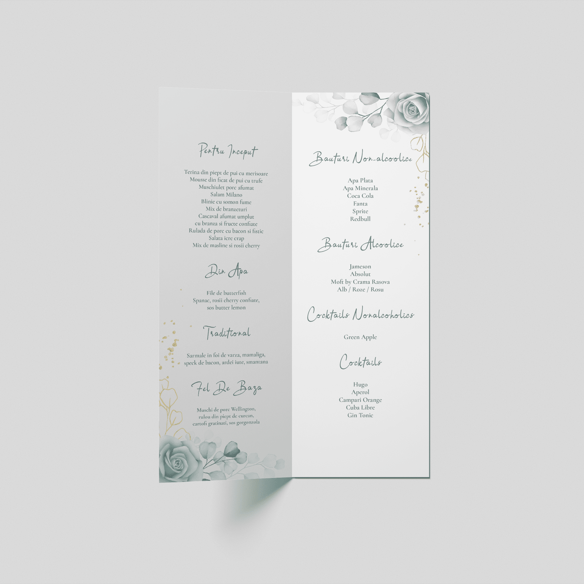 meniu nunta floral verde salvie auriu elegant personalizat