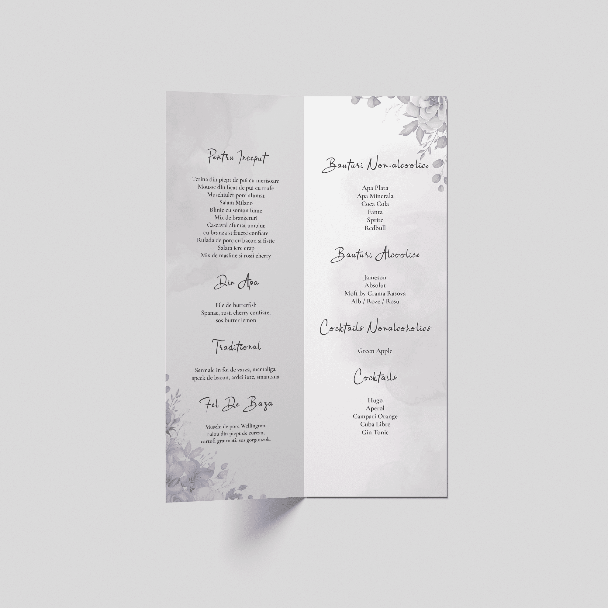 meniu nunta lavender blush watercolor floral bifold personalizat