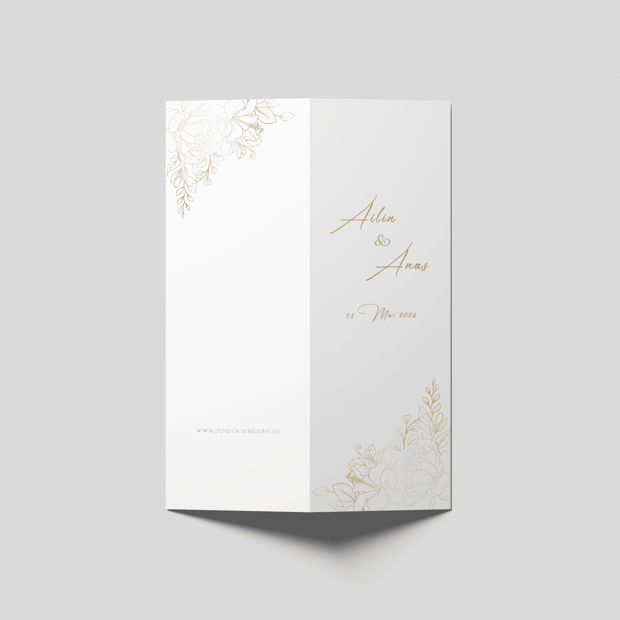 meniu nunta elegant cu linii florale aurii personalizat