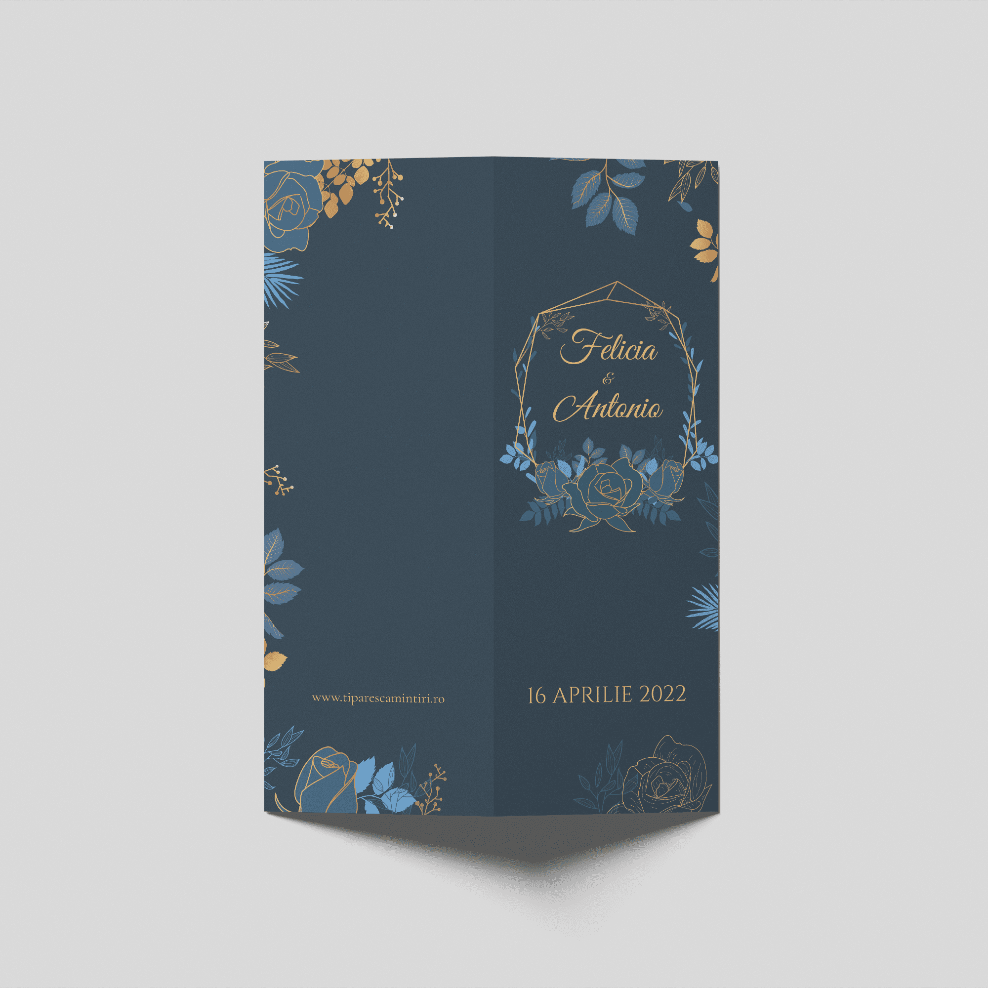 meniu nunta midnight blue elegant floral bifold personalizat