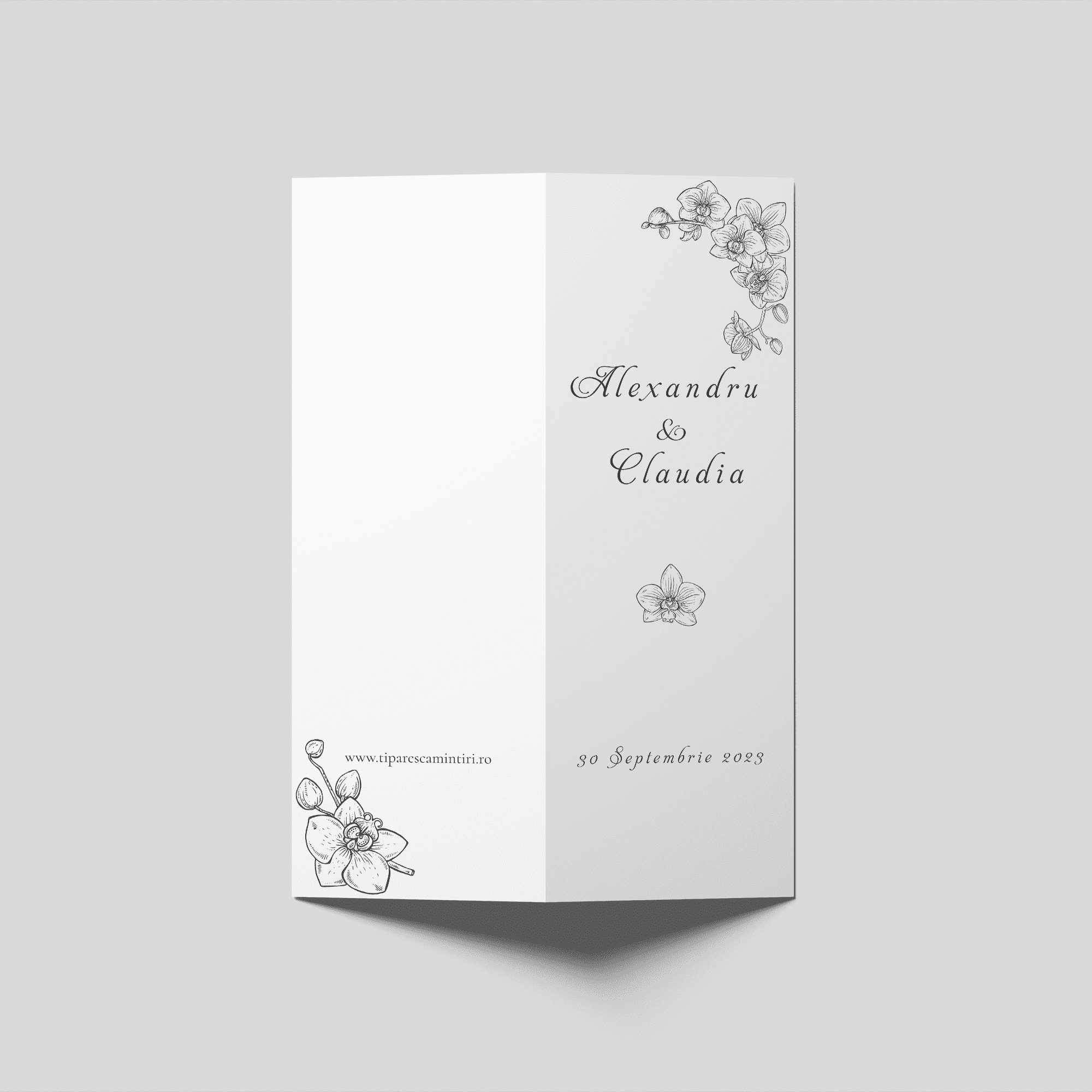 meniu nunta alb negru elegant cu orhidee personalizat