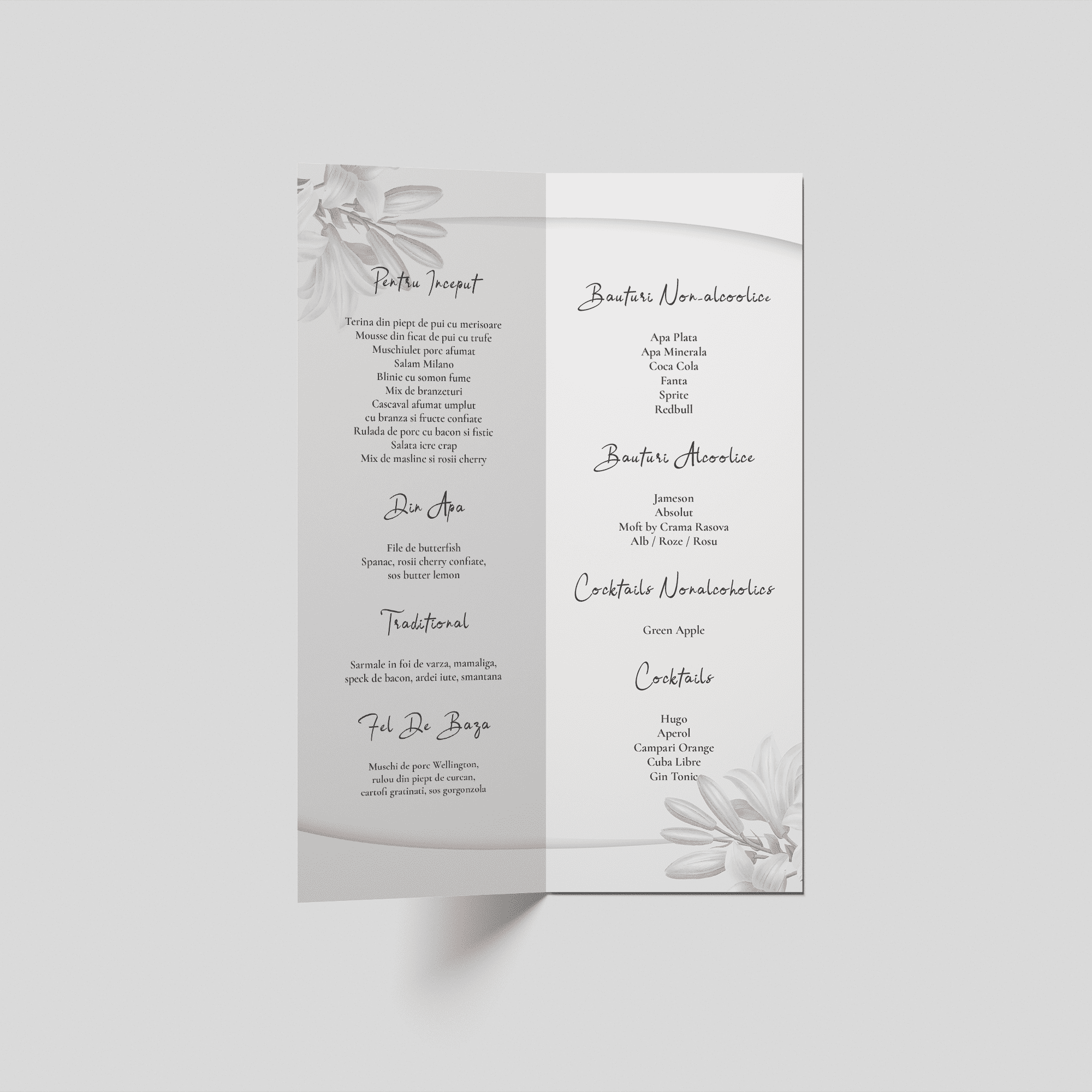 meniu nunta soft ivory floral bifold personalizat