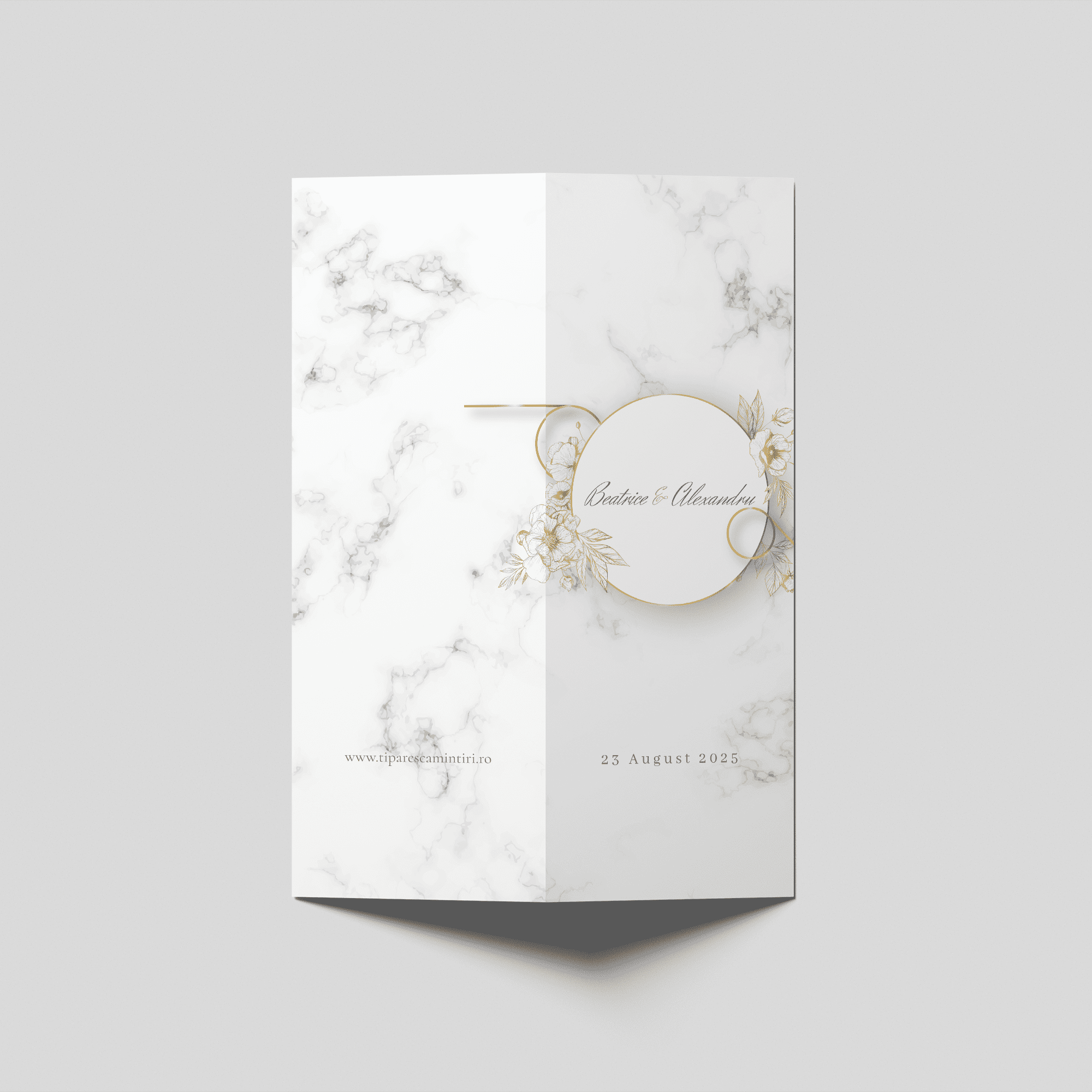 meniu nunta white marble gold floral bifold personalizat