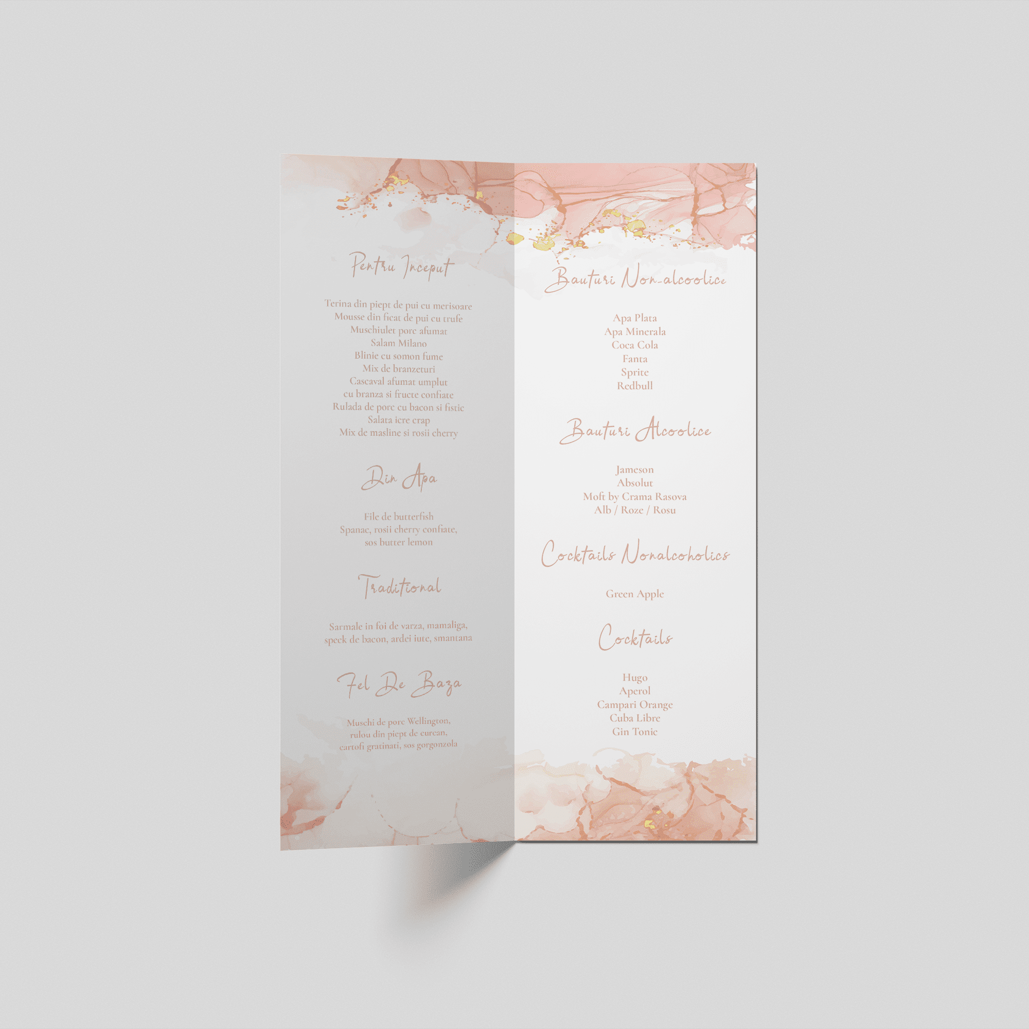 meniu nunta blush marmura auriu personalizat