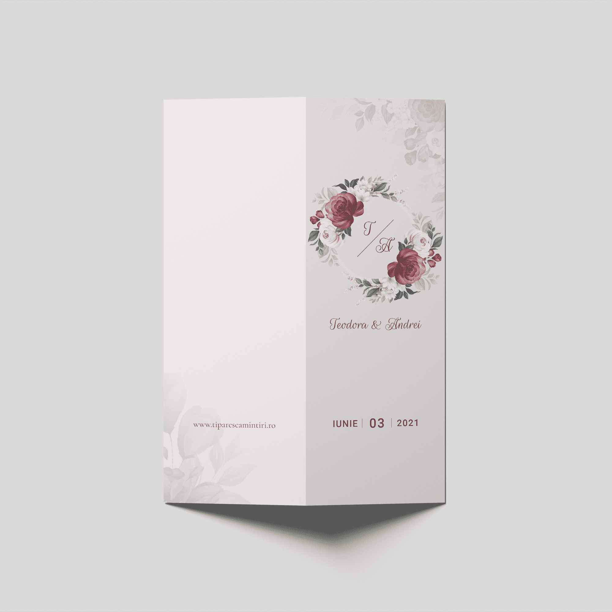 meniu nuntă floral burgundy personalizat