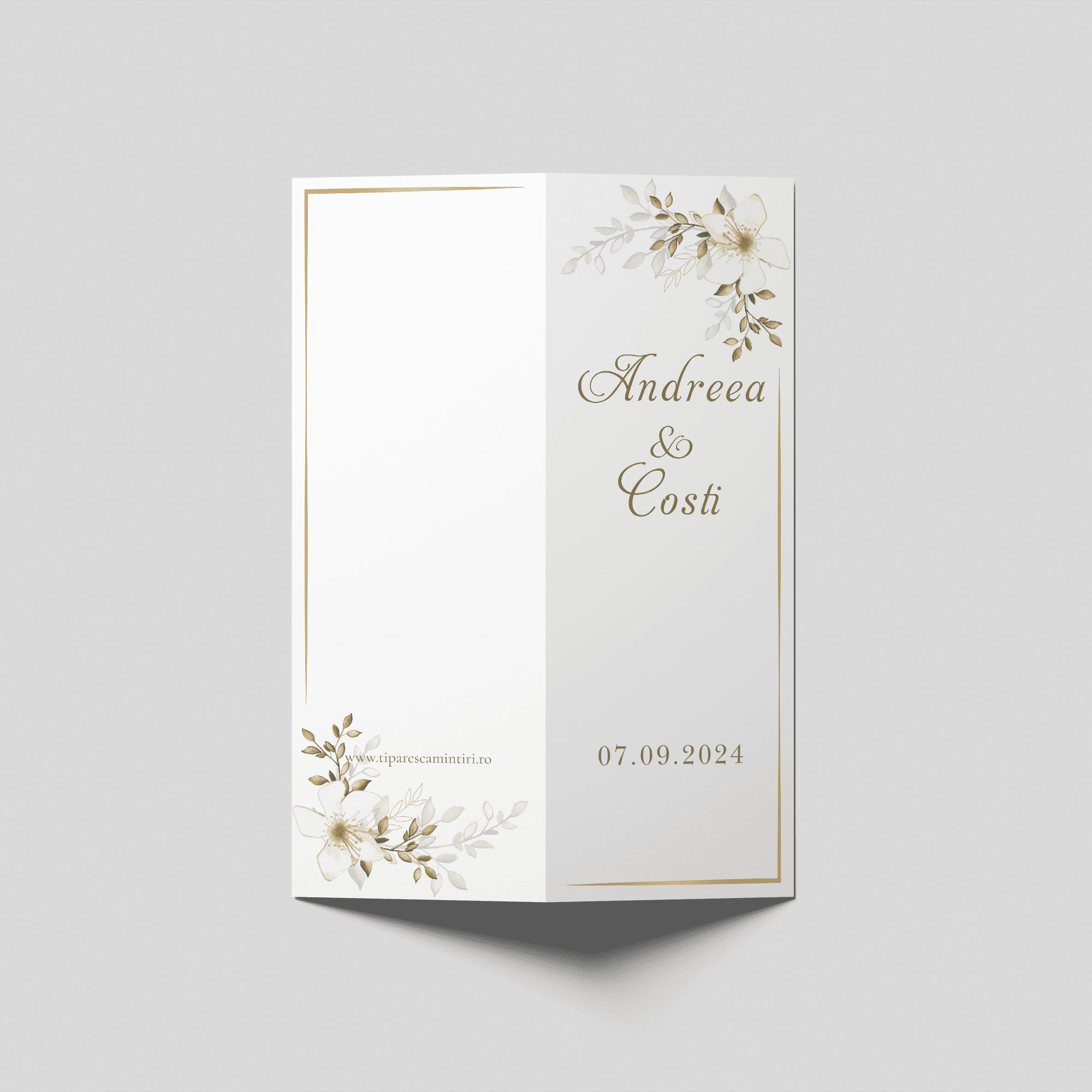 meniu nuntă ivory floral cu accente aurii personalizat