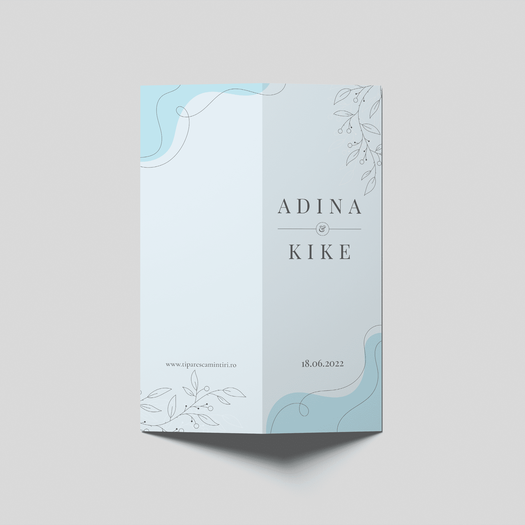 meniu nuntă modern albastru cu elemente botanice personalizat