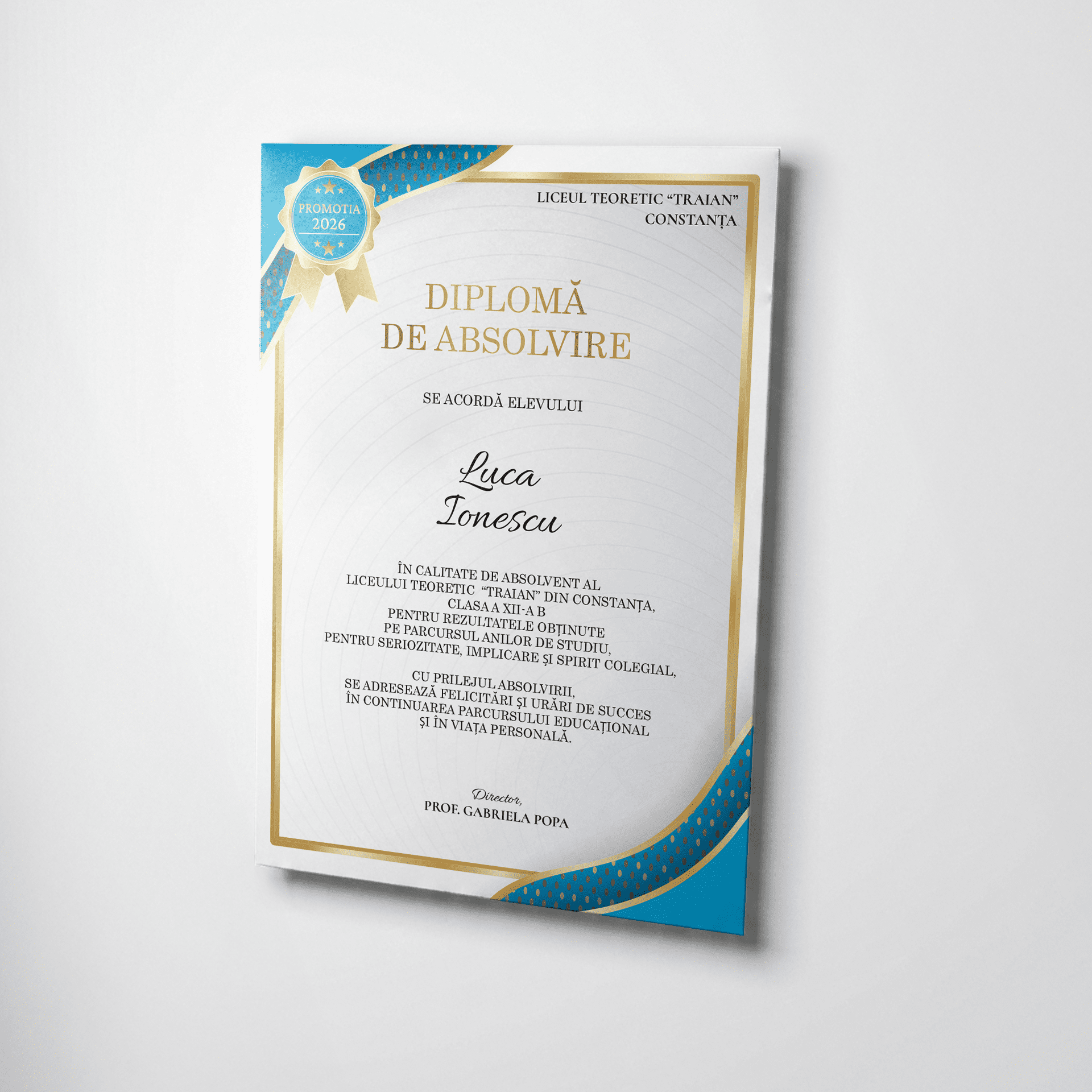 Diplomă de absolvire pe carton rigid, tipar profesional
