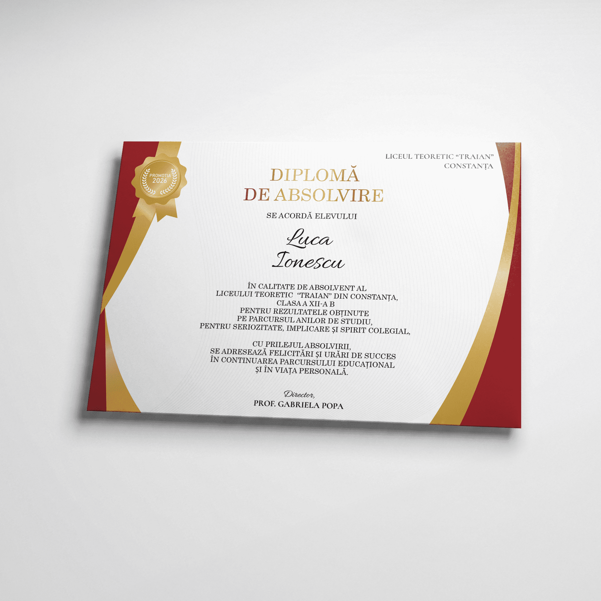 Diplomă de absolvire festivă, model roșu cu accente aurii