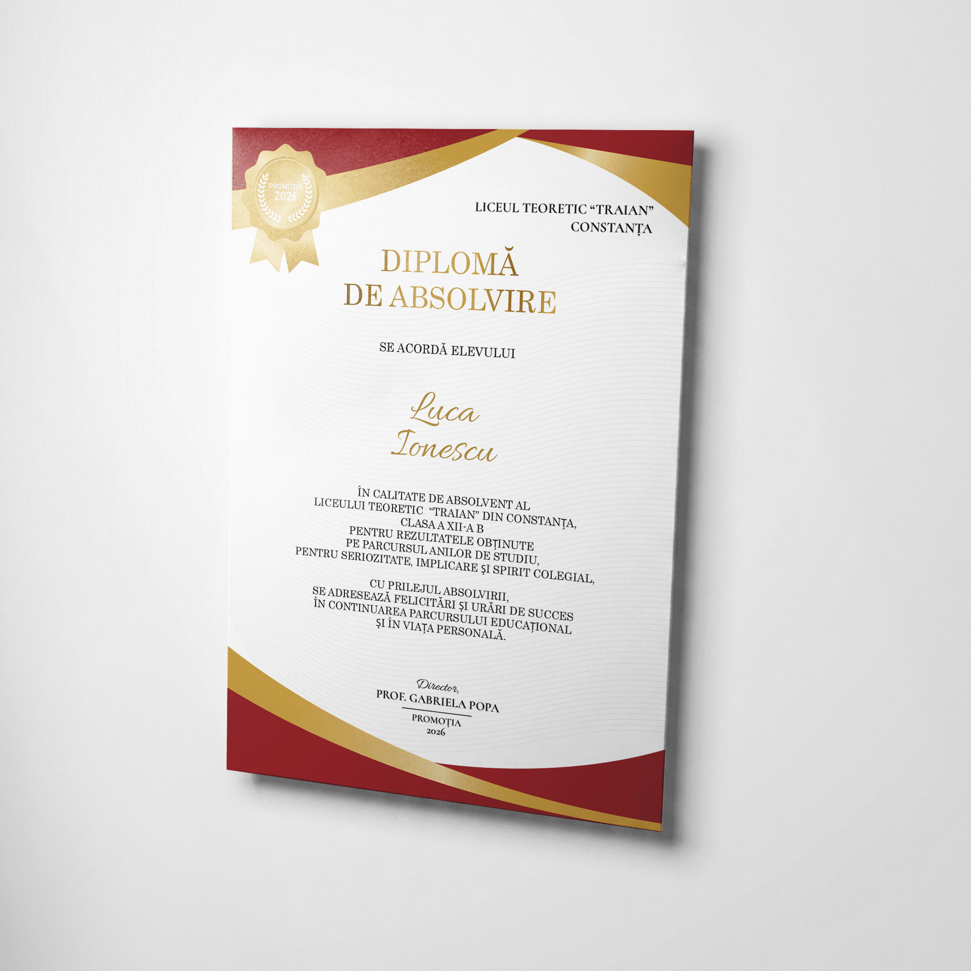 Diplomă de absolvire festivă, model roșu cu accente aurii