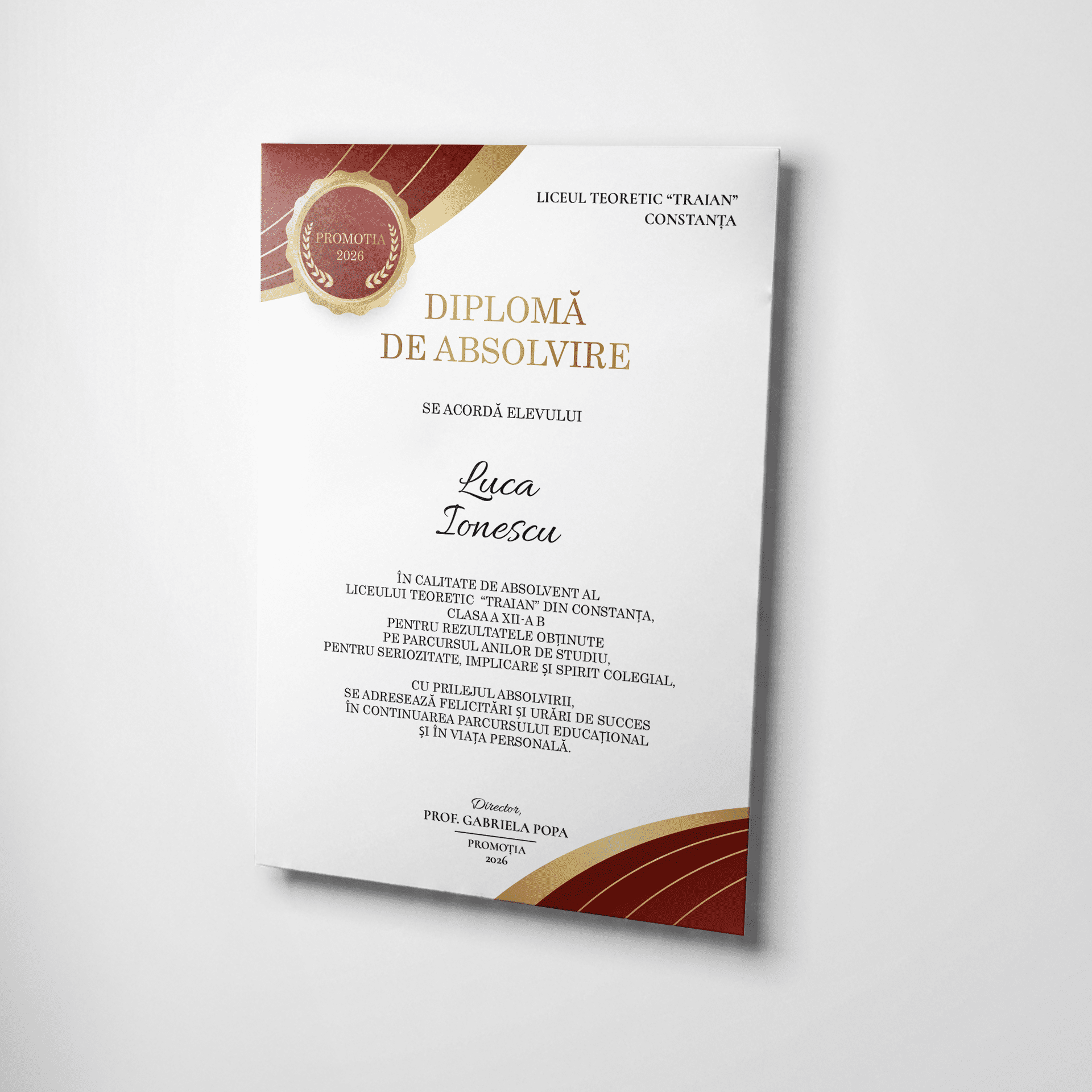 Diplomă de absolvire personalizată, model premium roșu cu accente aurii