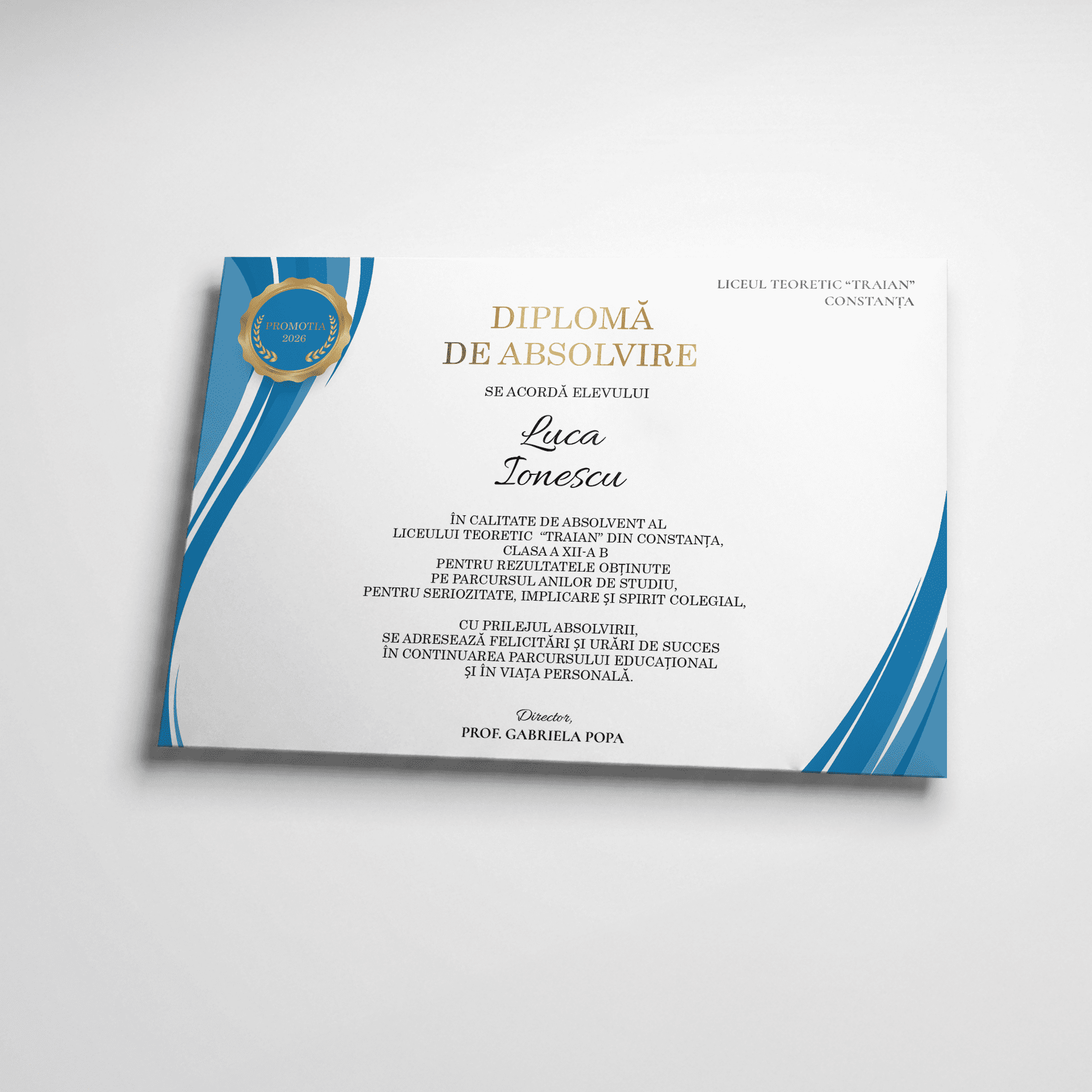 Diplomă de absolvire modernă, model albastru cu linii curbe