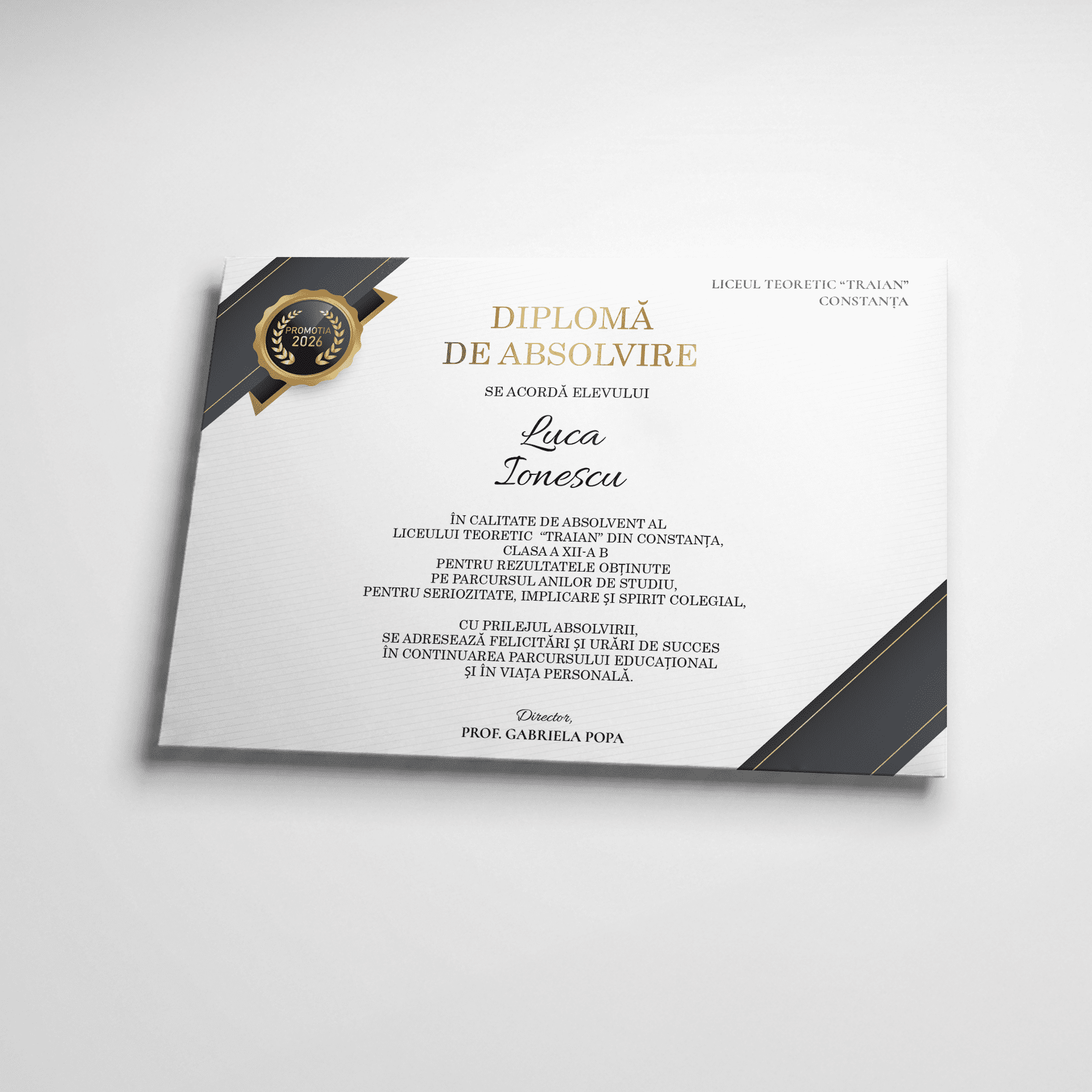 Diplomă de absolvire premium, model negru cu accente aurii