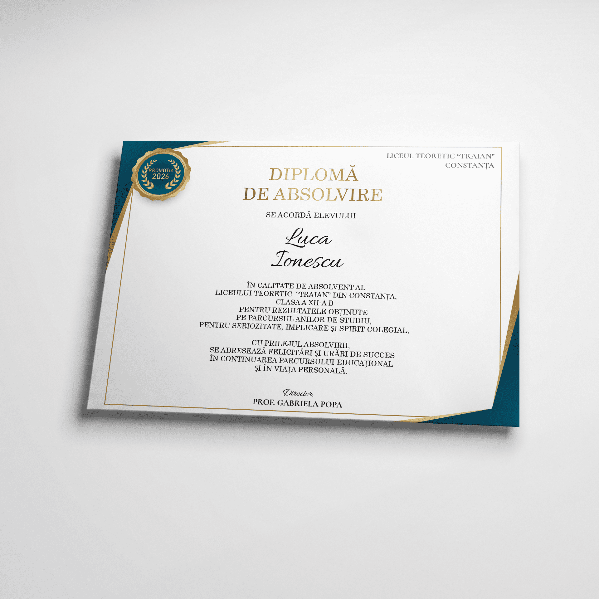 Diplomă de absolvire elegantă, model cu ramă subțire aurie