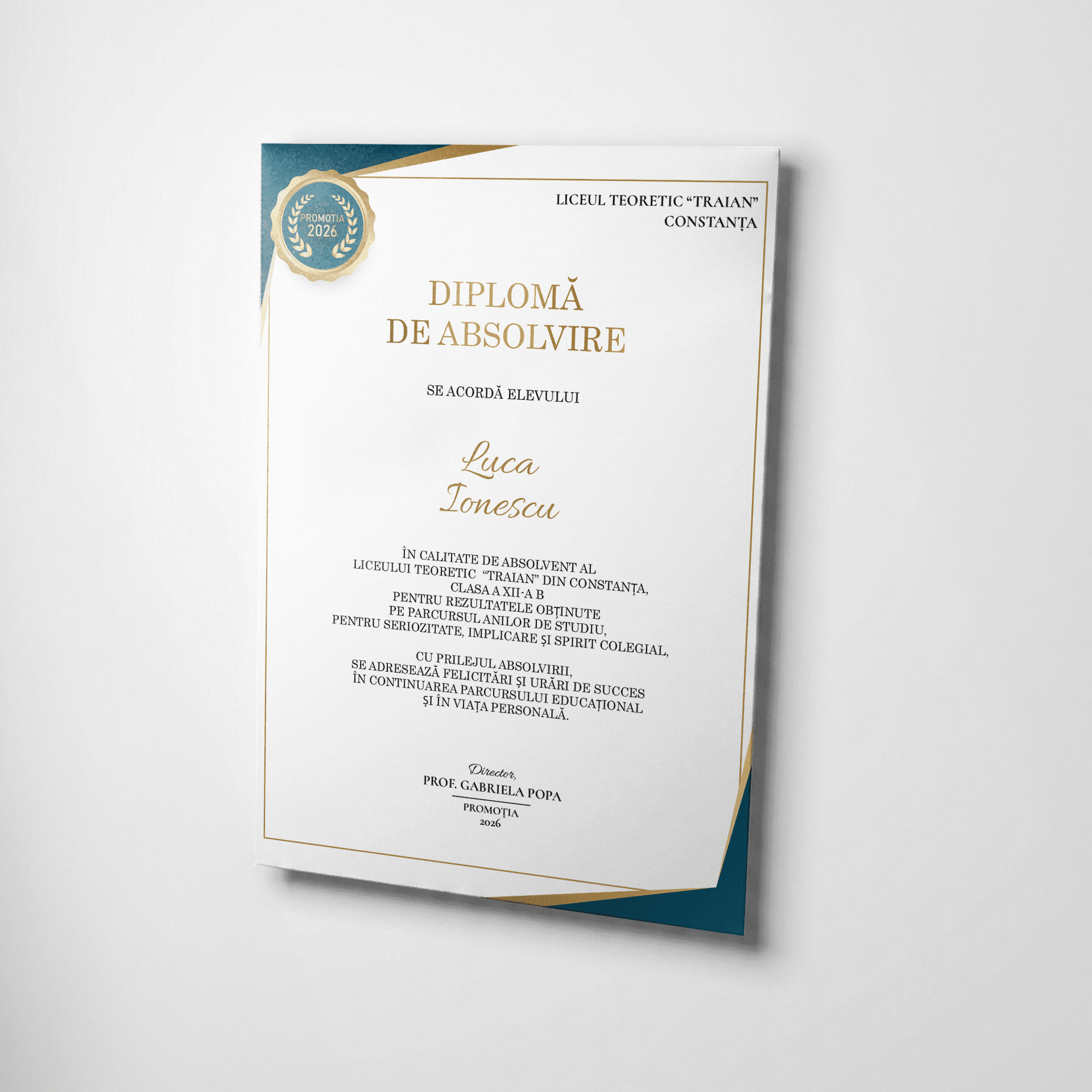 Diplomă de absolvire elegantă, model cu ramă subțire aurie