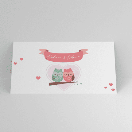 Plic de bani botez cu două bufnițe colorate în inimă și decor cu inimioare, personalizat cu nume