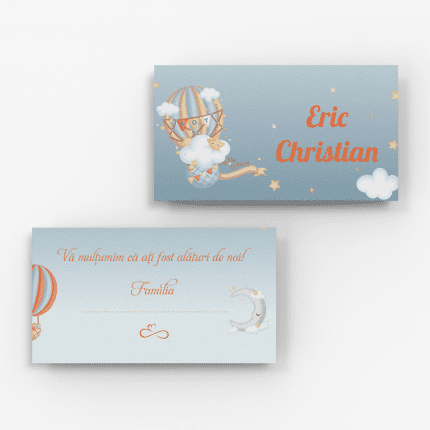 Plic de bani botez cu balon de aer, nori și stele pe fundal bleu, personalizat cu nume copil