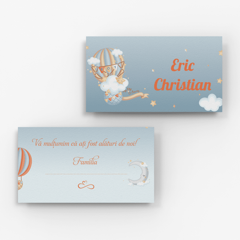 Plic de bani botez cu balon de aer, nori și stele pe fundal bleu, personalizat cu nume copil