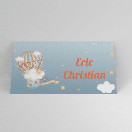 Plic de bani botez cu balon de aer, nori și stele pe fundal bleu, personalizat cu nume copil